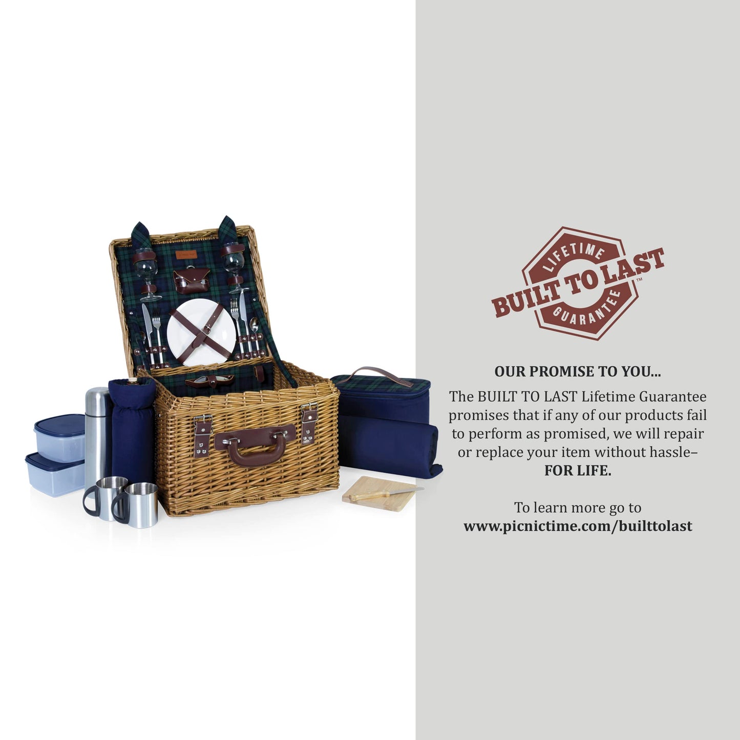 PICNIC TIME Romantic Canterbury Deluxe Wicker Picnic Basket Set for 2, with Blanket and Soft Cooler, One Size, Navy with Plaid