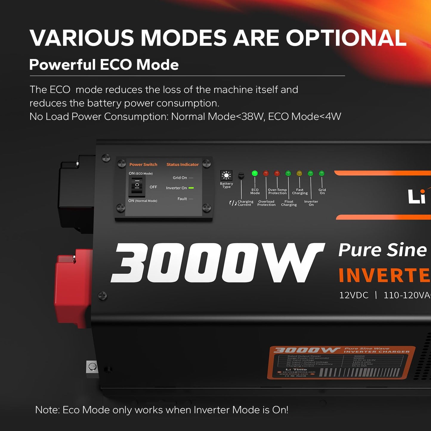 LiTime 3000W Pure Sine Wave Inverter Charger, 12V DC to 120V AC Inverter w/LCD Remote Panel, 5A to 45A Adjustable Charging Current, Surge 9000W Inverter for UPS, RV, Home, Boat