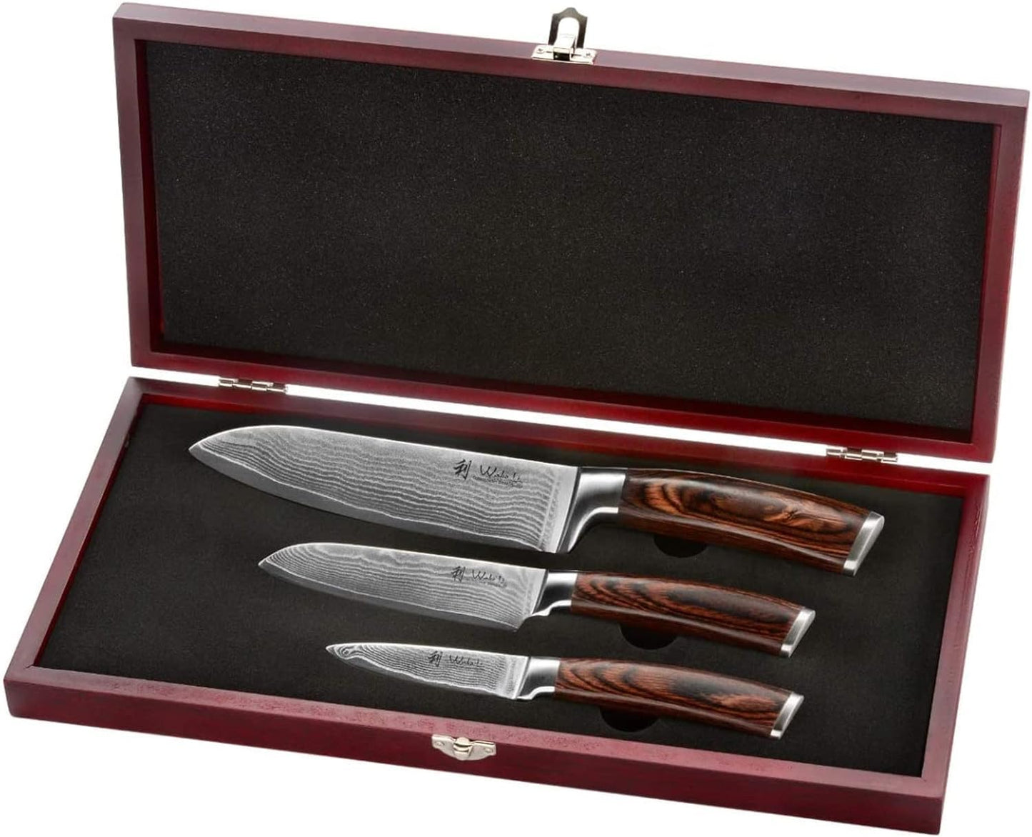 Wakoli Damascus Kitchen Knife Set, 3 Pieces Professional Chef Knife Set made from 67 Layers Damascus Steel with VG10 Core, Knives Set for Kitchen with Pakkawood Handles in Wooden Gift Box (EDIB 3-pcs)