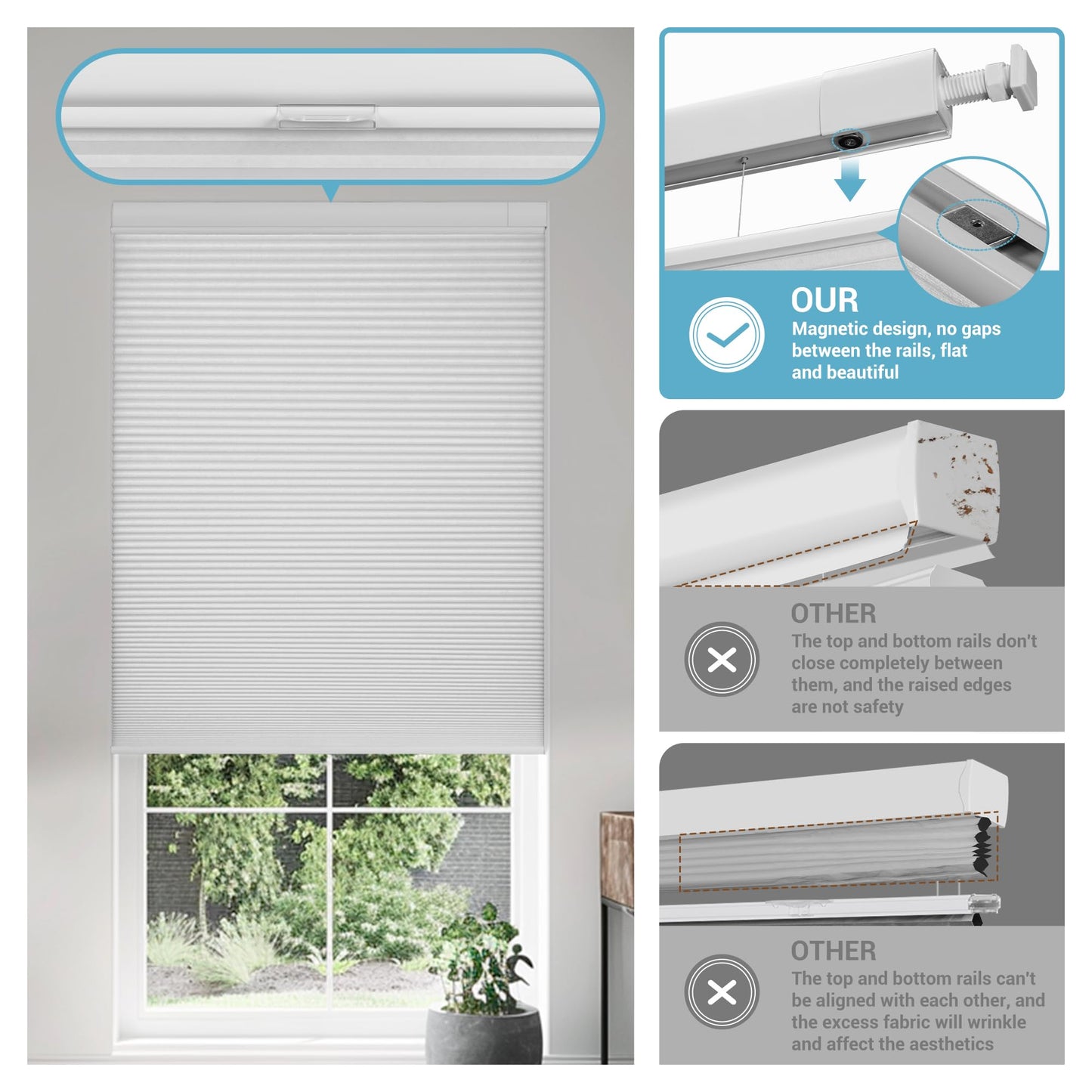 Boolegon No Drill No Tools Cellular Shades Top Down Bottom Up Honeycomb Blinds Blackout Cordless Window Blinds Easy to Install Cellular Shade for Windows,Blackout-White,Custom Size