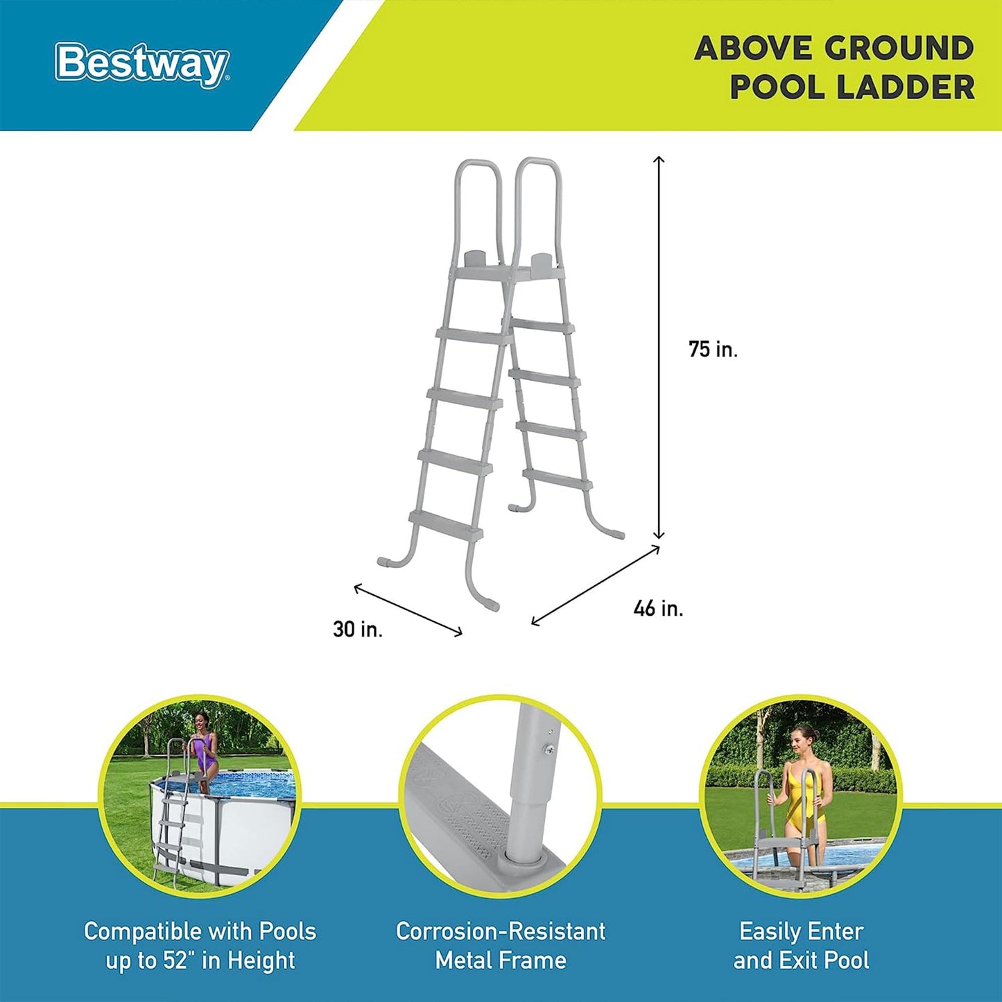 Bestway Flowclear Above Ground Swimming Pool Ladder 52” | Corrosion-Resistant Metal Frame with Heavy Duty Plastic Steps