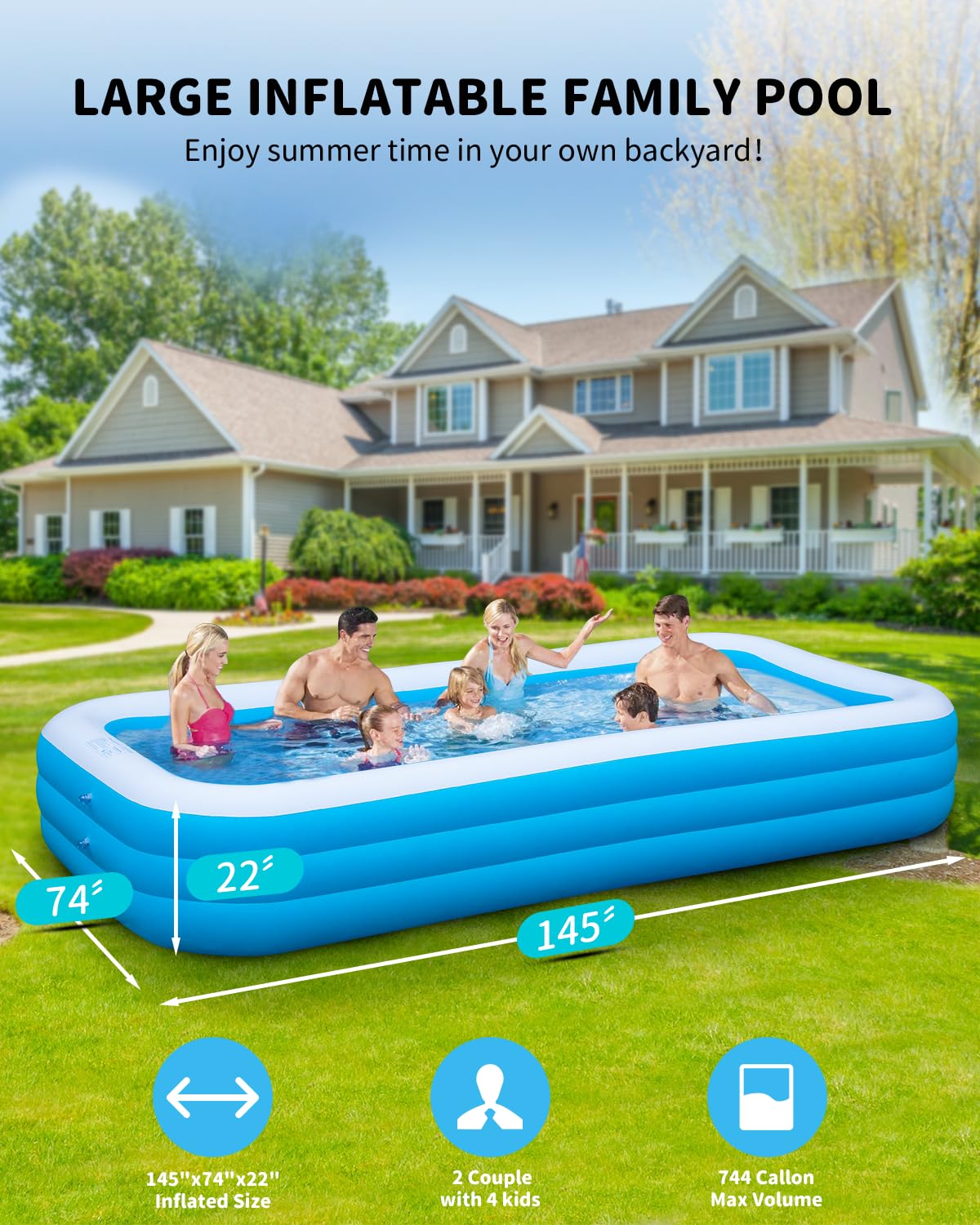 Big Inflatable Pool for Adults，Lylting 145"x74"x22" Extra Large Thickened Blow Up Pool for Summer Water Party, Full Size Family Swimming Pools for Backyard Home Garden Lawn Indoor Outdoor