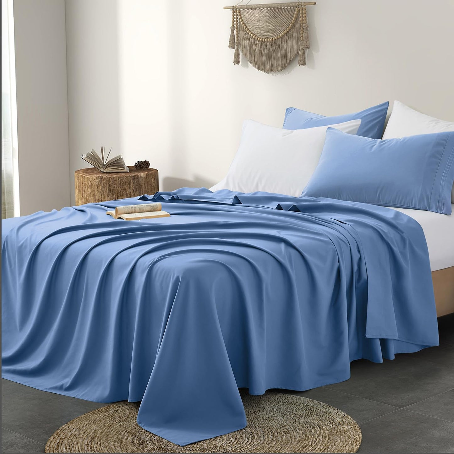 Horbaunal 2 Pack Full Flat Bed Sheets Only - 1800 Thread Count Microfiber Blue Flat Sheet Only - Wrinkle Free & Ultra Soft Bed Top Sheets Full Size