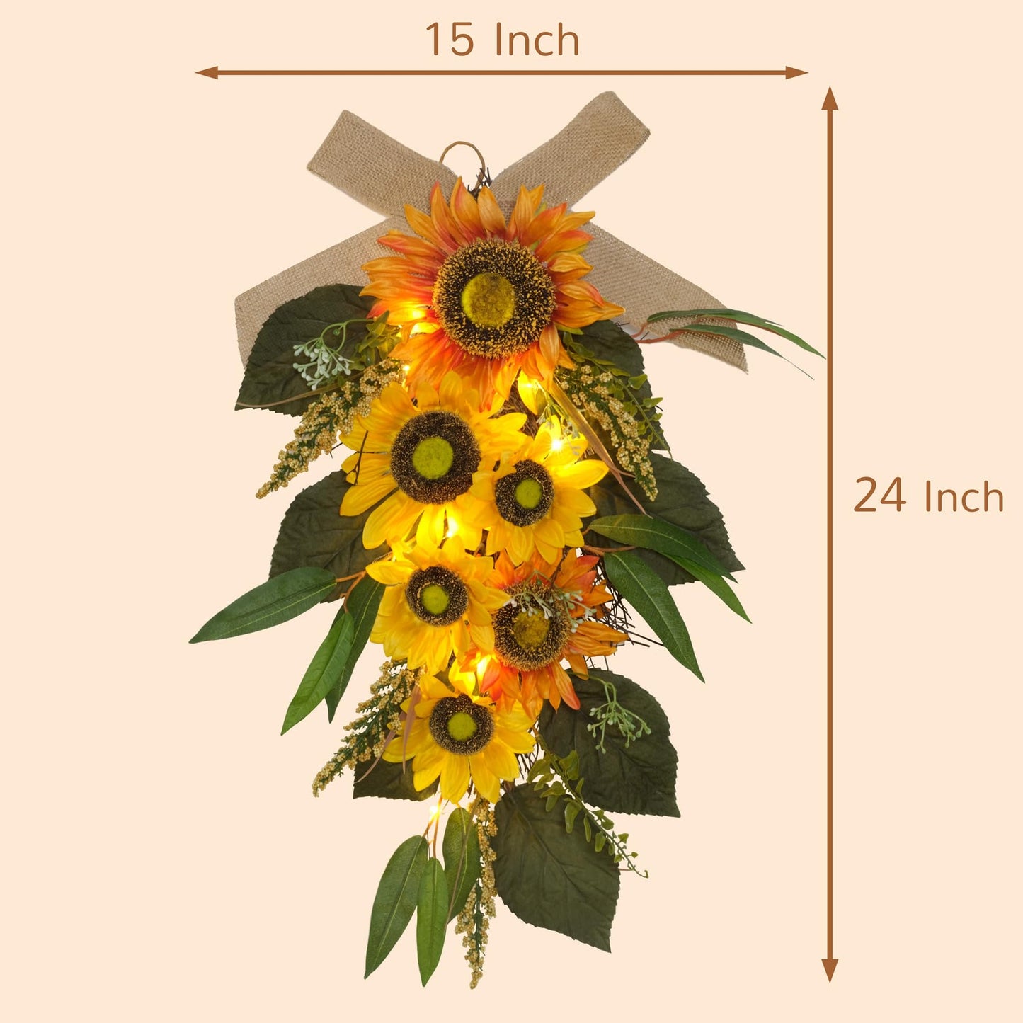 24" Pre-lit Decorative Teardrop Swag, Battery Operated Autumn Theme Swag with Fairy Lights, Sunflower, Flaxen Bow, Berries, Eucalyptus Leaves (Sunflower)