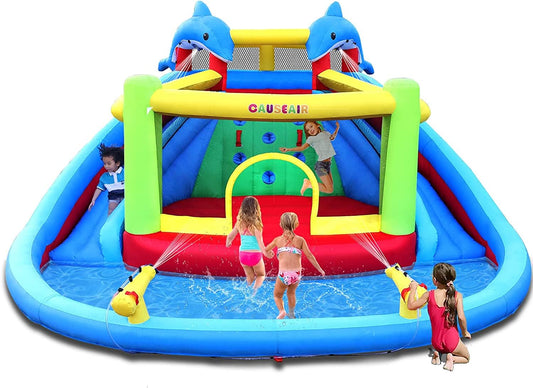 Causeair Inflatable Water Slide with Bounce House,Dolphin Styling,Splashing Pool,Double Water Cannon,Climbing Wall,Heavy Duty GFCI Blower,Inflatable Water Park for Kids Backyard Summer