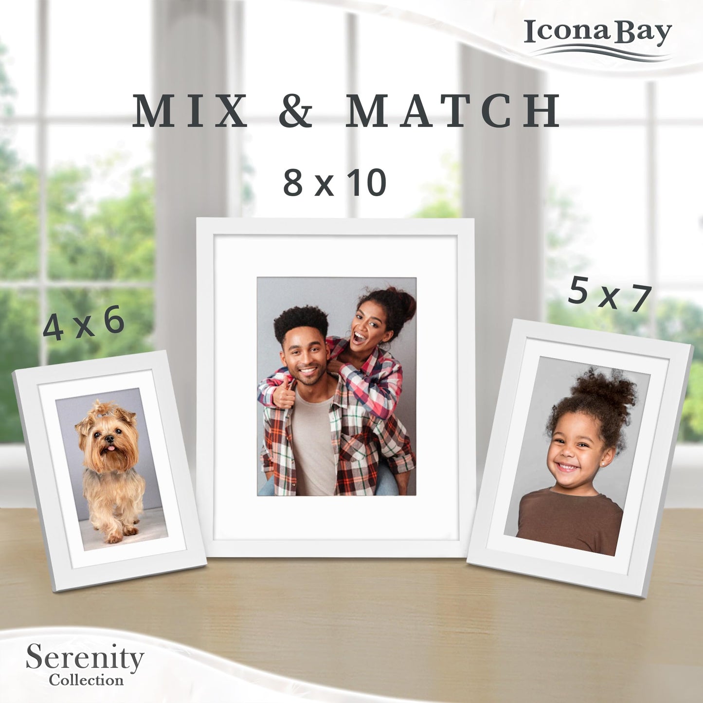 Icona Bay 4x6 Picture Frames w/Removable Mat for 3x5 Photos (White, 6 Pack), Sleek Modern Style Frames, Table Top or Wall Mount, Serenity Collection