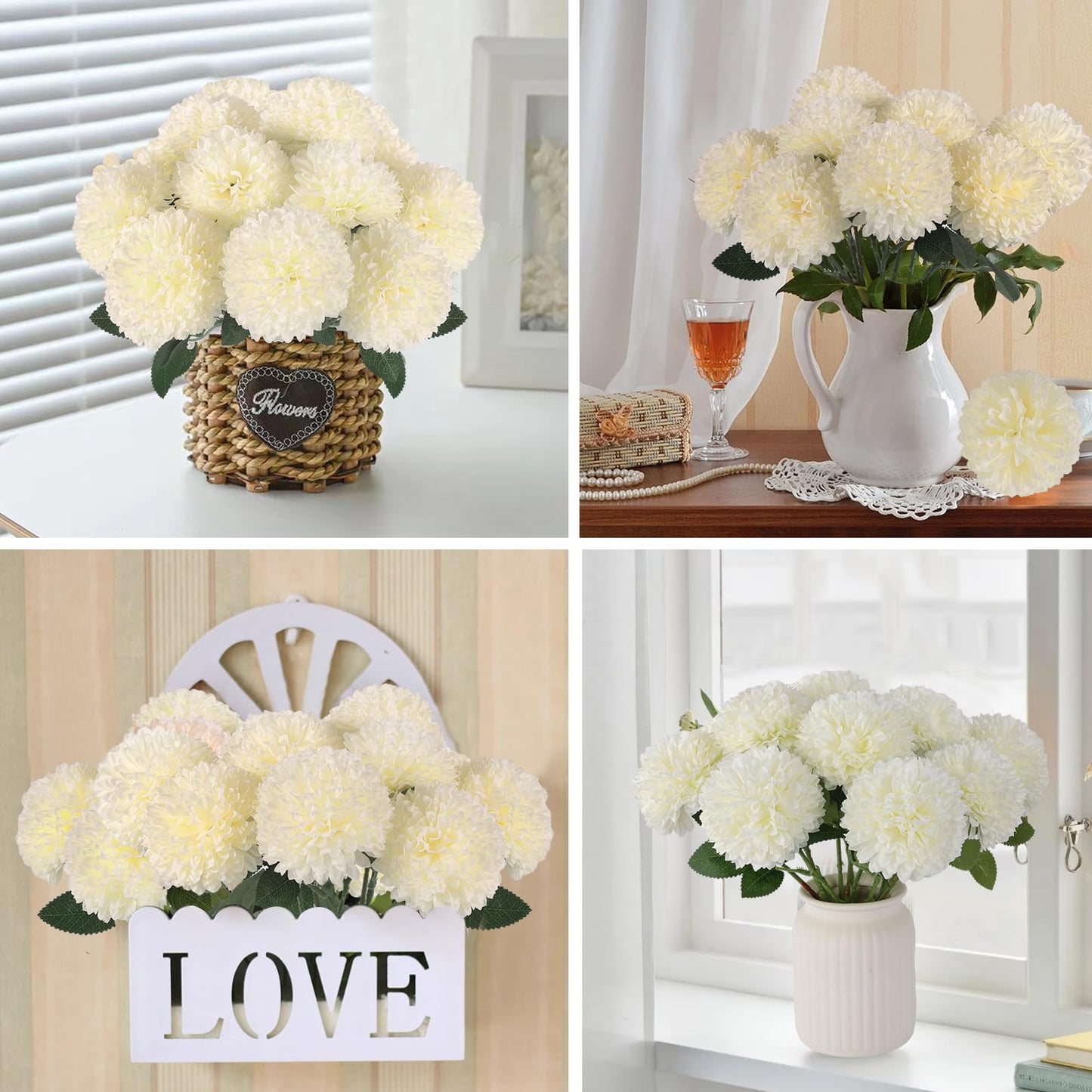 Hananona 12 Pcs Artificial Chrysanthemums Flowers Ball Flowers, Fake Mums Flowers White Silk Flowers for Spring Home Decor Indoor Floral Arrangement Table Centerpiece (12, White)