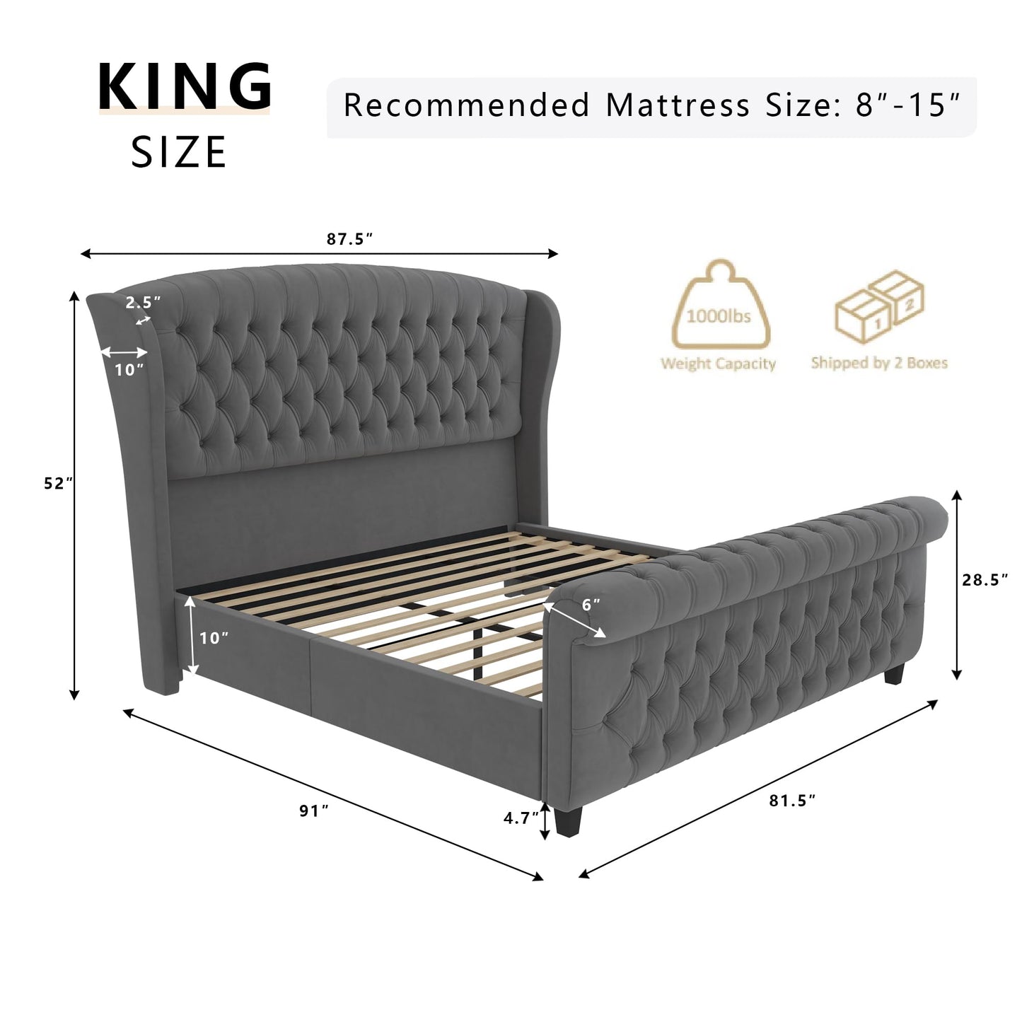 AMERLIFE King Size Platform Bed Frame, Velvet Upholstered Sleigh Bed with Scroll Wingback Headboard & Footboard/Button Tufted/No Box Spring Required/Grey