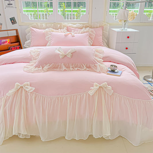 SOUKECHY Girls Lace Bedding,Pink Full Comforter Cover Set, Chic Ruffled Duvet Cover with Lovely Bow,Princess Style 1 Duvet Cover with 2 Pillowcases, No Comforter-Pink,Full Size