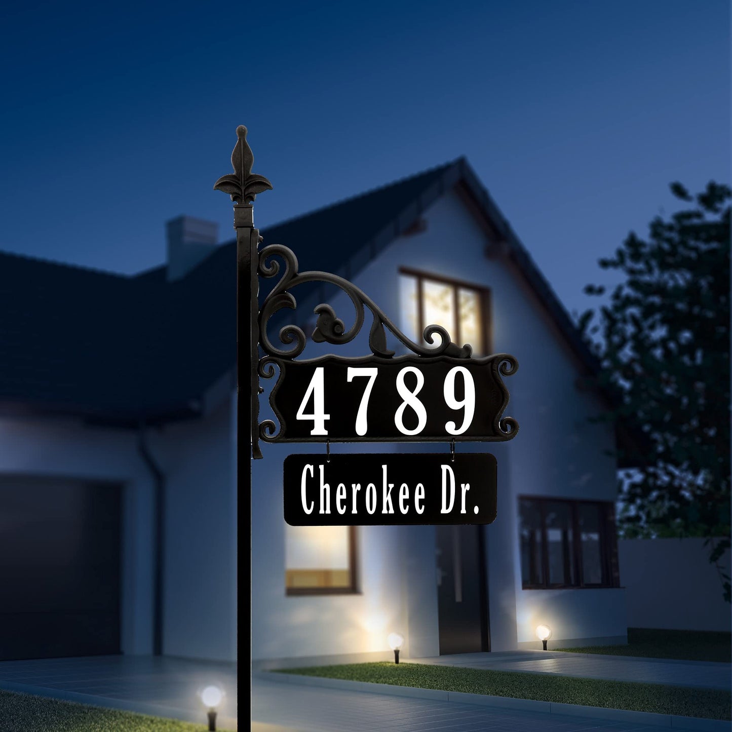 Address America USA Handcrafted Boardwalk Home Address Sign, Customized Name and House Number Plates with 58" Pole - Double-Sided, Reflective, Visible - NP