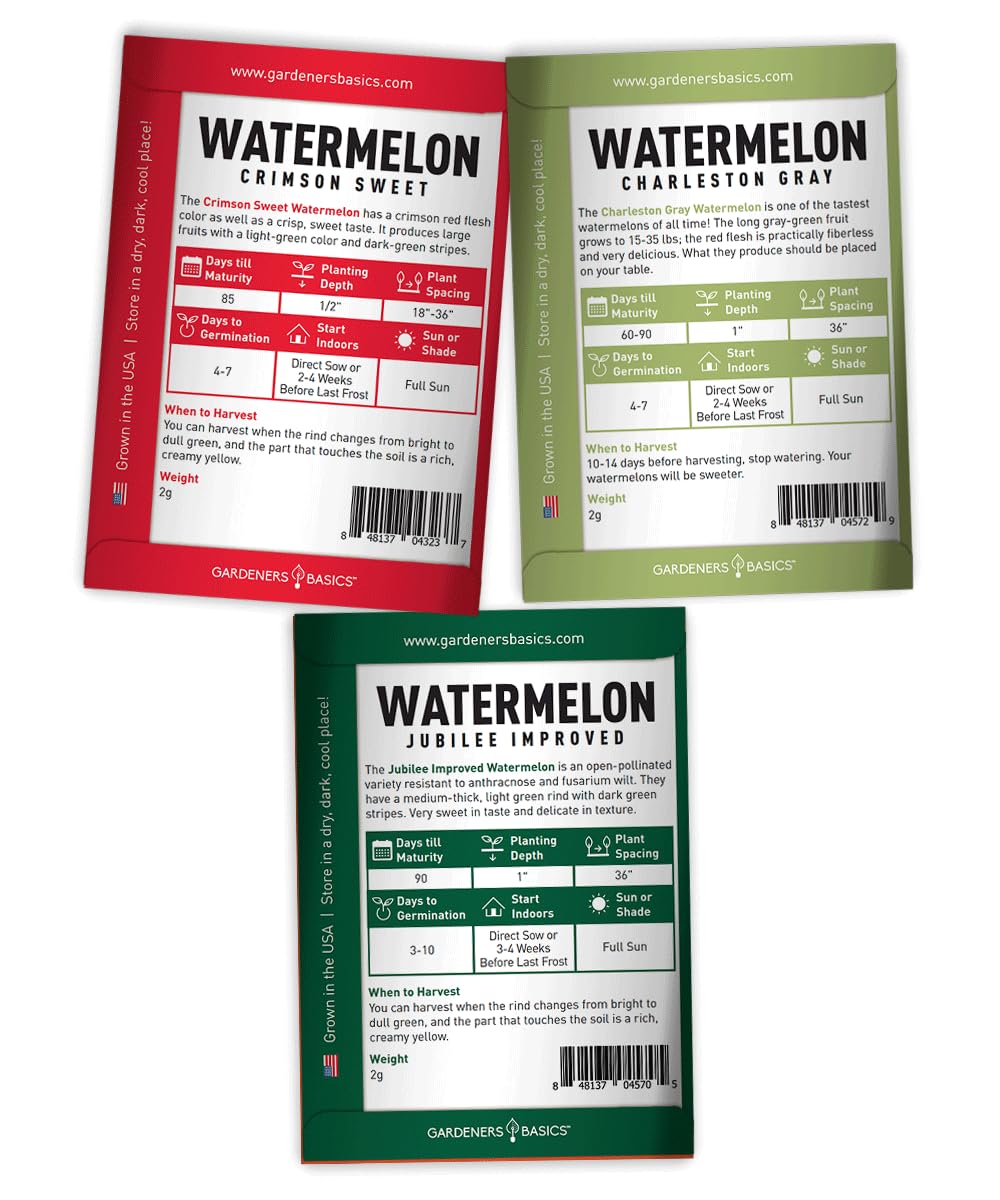 Watermelon Fruit Seeds for Planting Home Garden 5 Variety Packets - Crimson Sweet, Jubilee Improved, Tendersweet Orange, Charleston Grey, and All Sweet Watermelon Seed Packs by Gardeners Basics