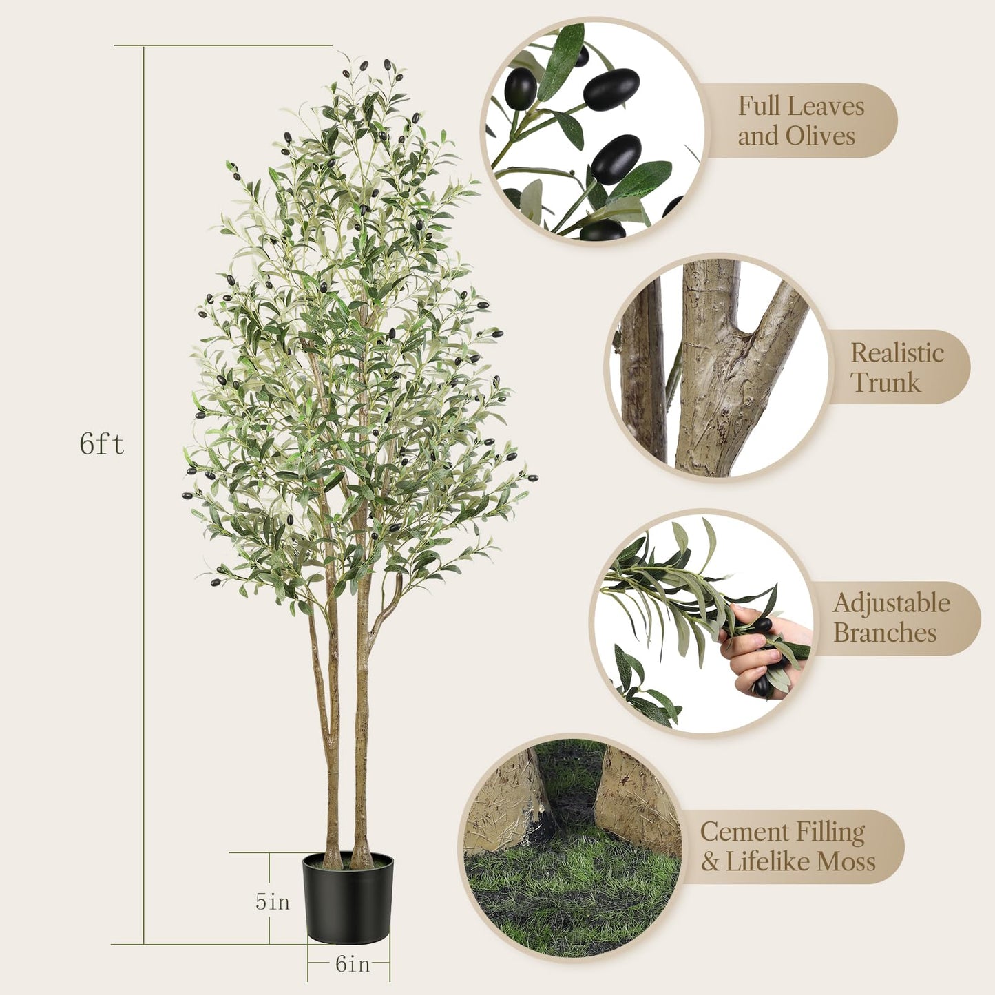 Alupssuc 6ft Artificial Olive Tree Faux Silk Plant(72" in), Indoor Fake Olive Tree with Natural Wood Trunk & Lifelike Fruits, Perfect for Modern Home Office Living Room Floor Decor, 6 FT