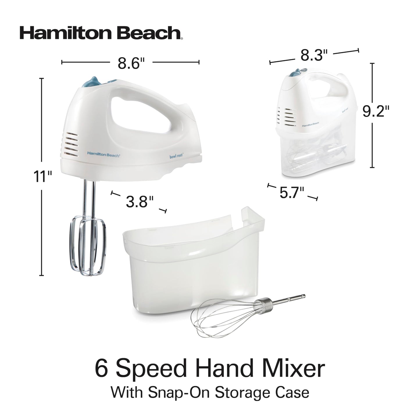 Hamilton Beach 6-Speed Electric Hand Mixer with Whisk, Traditional Beaters, Snap-On Storage Case, 250 Watts, White