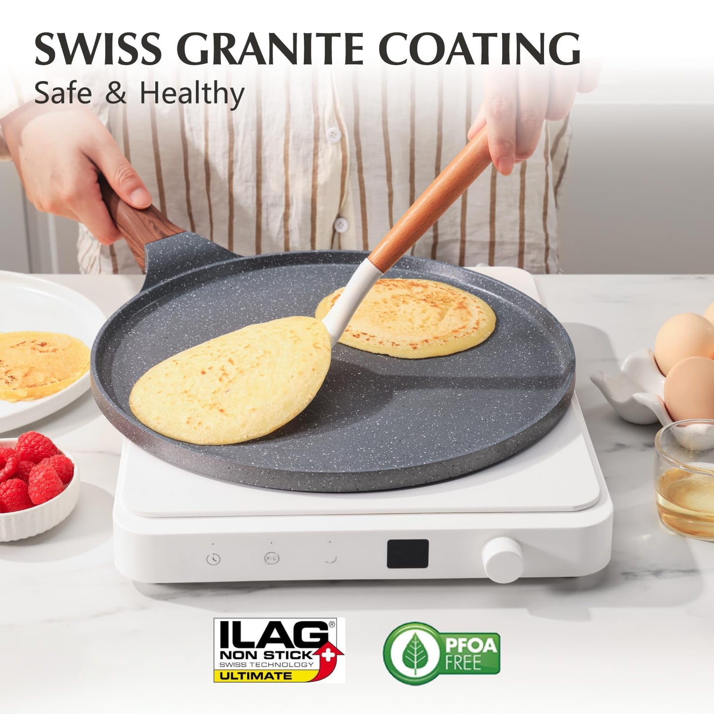 SENSARTE Nonstick Crepe Pan, Swiss Granite Coating Dosa Pan Pancake Flat Skillet Tawa Griddle 10-Inch with Stay-Cool Handle, Induction Compatible, PFOA Free