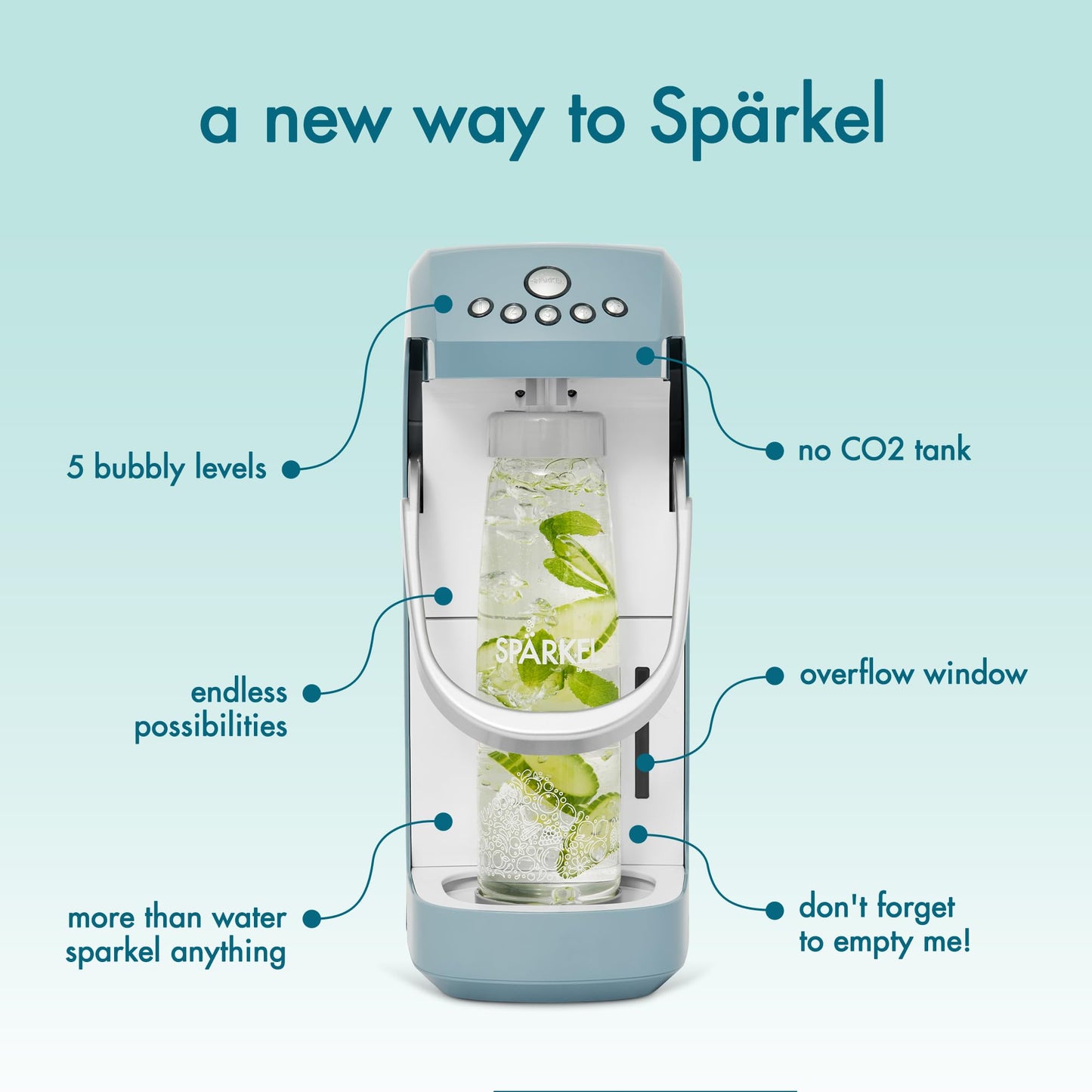 Spärkel Beverage System | Stone Blue Sparkling Water Maker | No CO2 Tank Needed | Carbonated Water Machine that Uses Fresh, Natural Ingredients | Soda Streaming Machine | 5 Unique Carbonation Levels