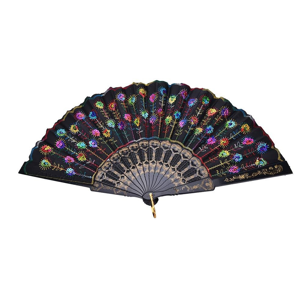 Winture 10 PCS Peacock Hand Fans, Spanish Folding Hand Fan, Flower Dancing Fans,Summer Handheld Folding Fans Party Favors for Girls Women (Embroidered Peacock Tail Pattern)