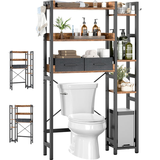 Over The Toilet Storage with 2 Drawers - 7 Tier Bathroom Organizer with Adjustable Shelf, Freestanding Space Saver Storage Rack Above Toilet Stand with 4 Hooks for, Restroom, Laundry, Rustic Brown