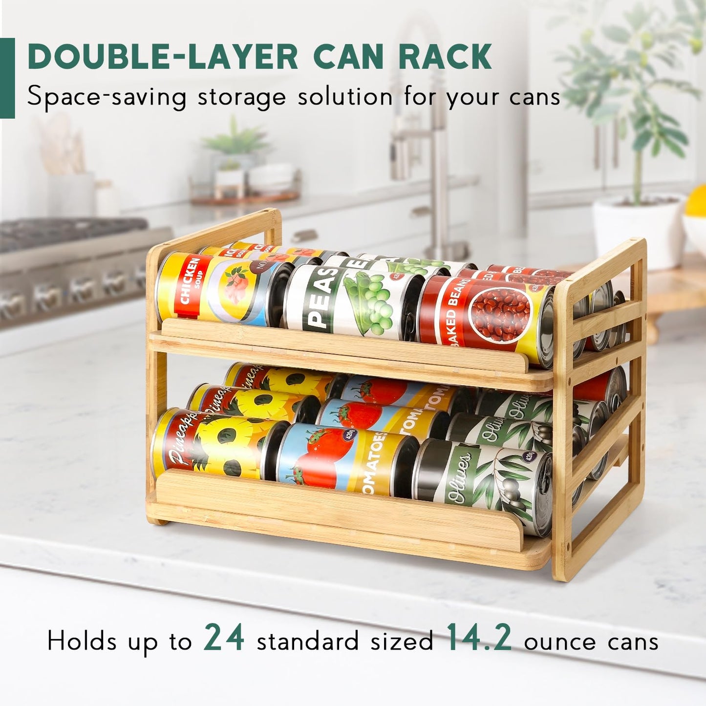 Yumkfoi Rolling Bamboo Can Organizer Rack, Stackable Double-Layer Can Organizers and Storage For Pantry, Canned Goods Holder Dispenser For Countertop Kitchen Cabinet or Pantry Shelf