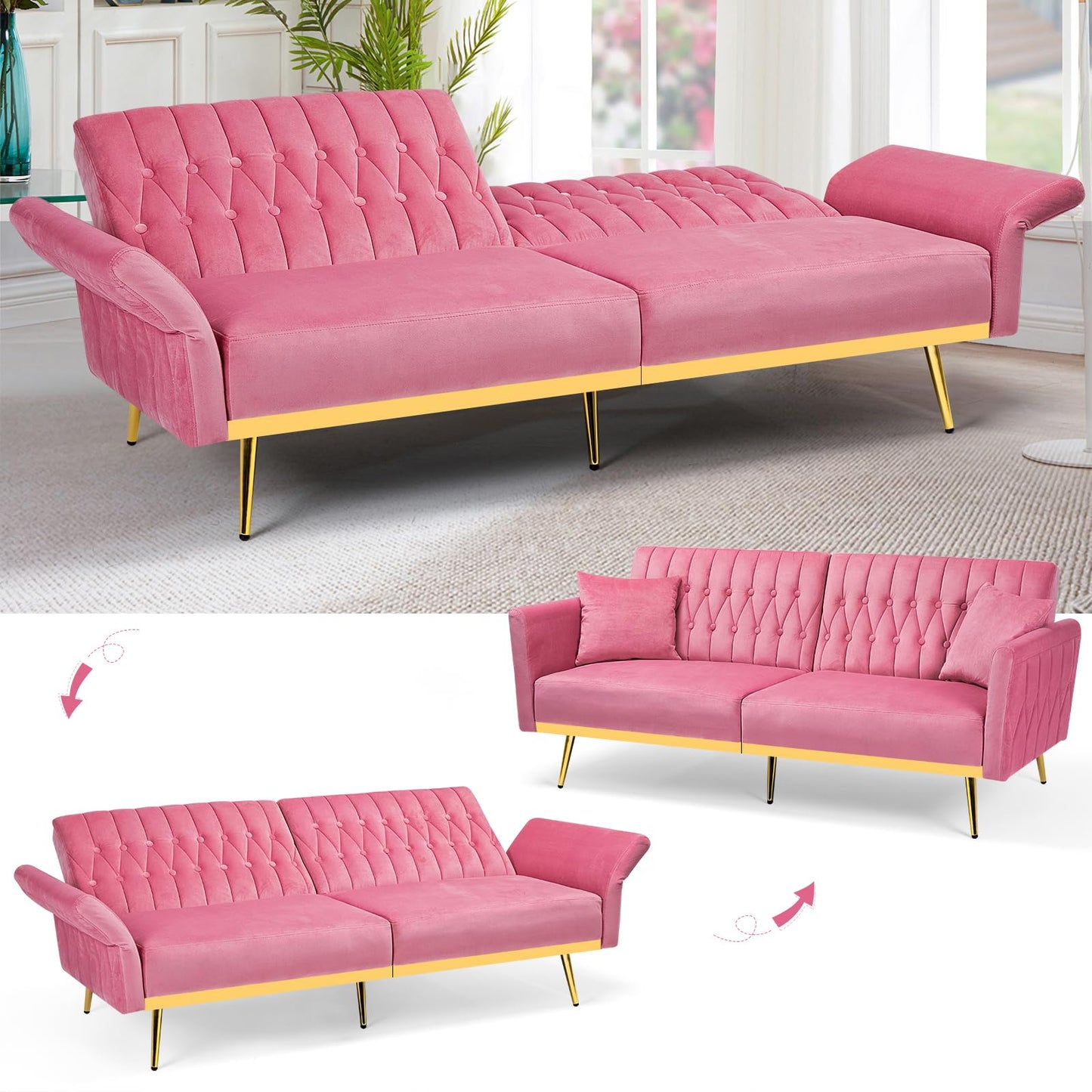 ACMEASE 70” Velvet Futon Sofa Bed with 2 Pillows and Adjustable Armrests, Convertible Sleeper Bed, Modern Loveseat for Living Room, Bedroom, Pink