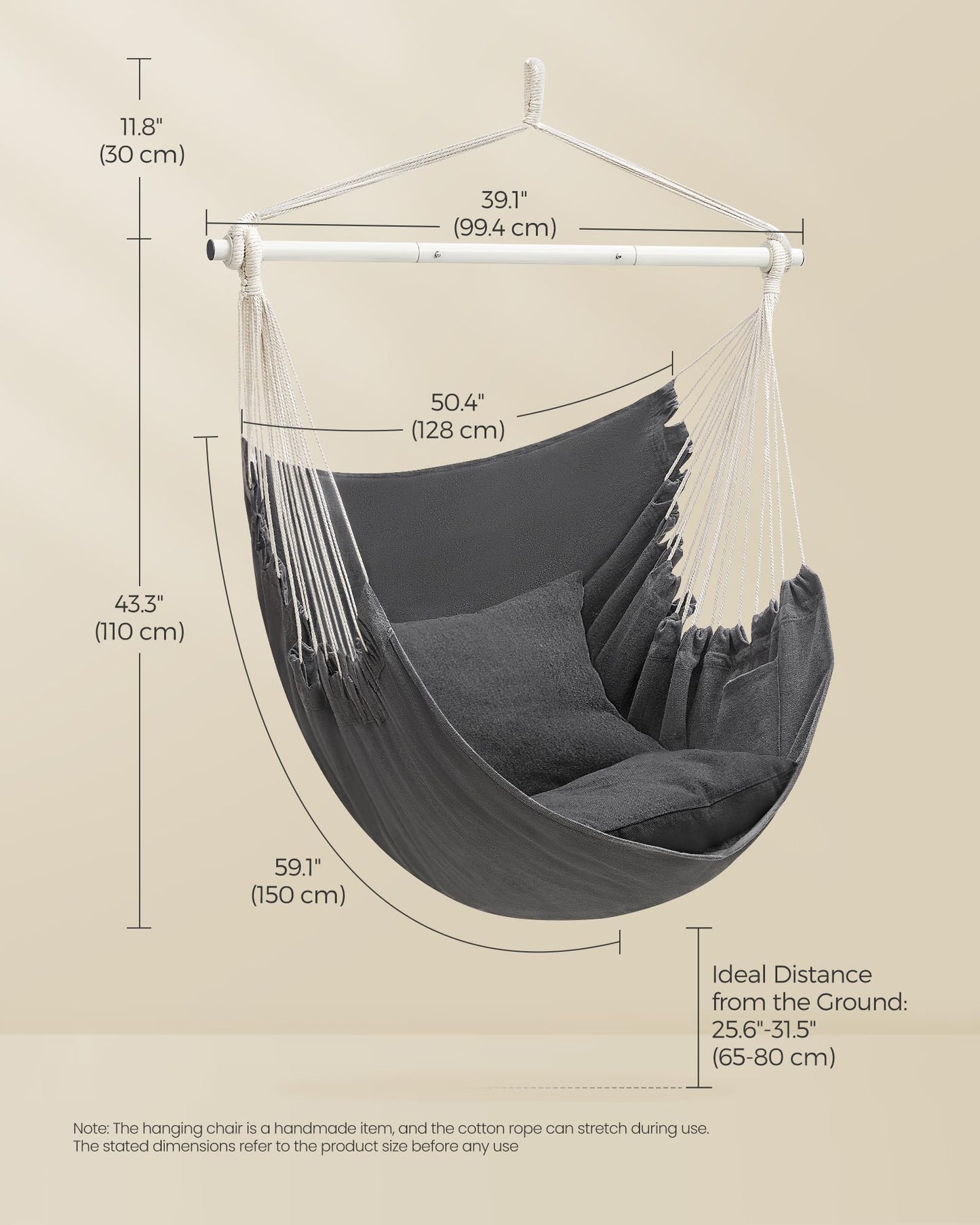 SONGMICS Hammock Chair, Load Capacity 500 lb, Hanging Chair with 2 Cushions, Large Hammock Swing with Chain and Pocket, for Indoor, Outdoor, Living Room, Bedroom, Slate Gray UGDC197G02