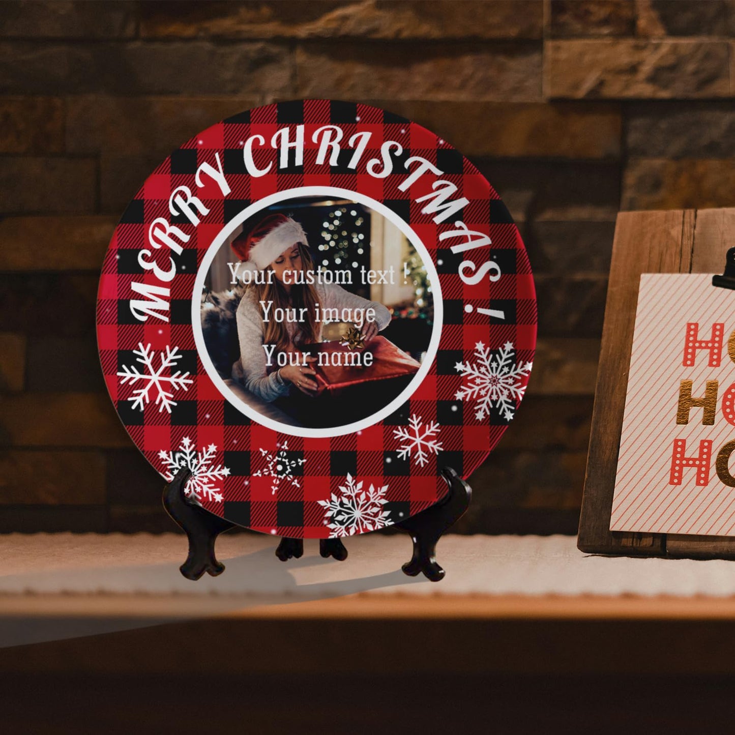 NIRVAFLORA Personalized Photo Ceramic Plate With Display Stand Customize Plaid Display Plate with Snowflake Custom Dinner Plate With Text Merry Christmas Gifts for Men Women Anniversary 6" 8" 10"