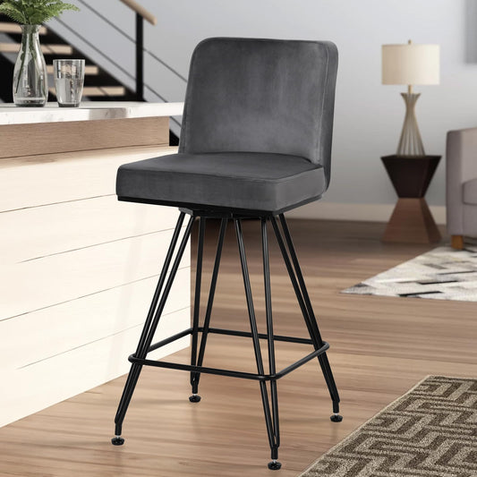 RêveLife Bar Stools, 26" Swivel Counter Height Bar Stools with Back, Velvet Upholstered Barstools with V-Shaped Metal Legs Modern Bar Chairs Counter Stools for Kitchen Island, Gray