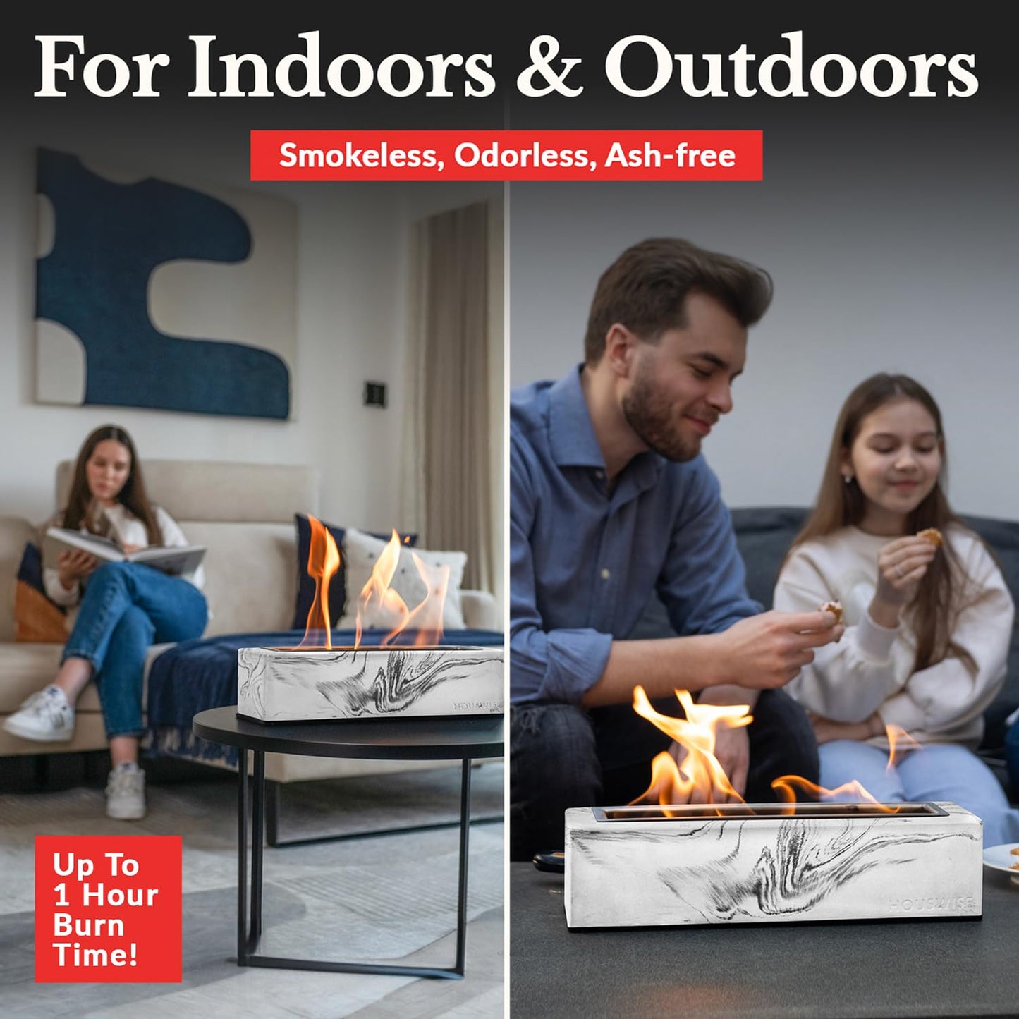 Houswise Tabletop Fire Pit - Concrete Outdoor & Indoor Fire Pit Tabletop, Smores Maker Kit, Table Top Firepit, Small Portable Mini Indoor Fireplace