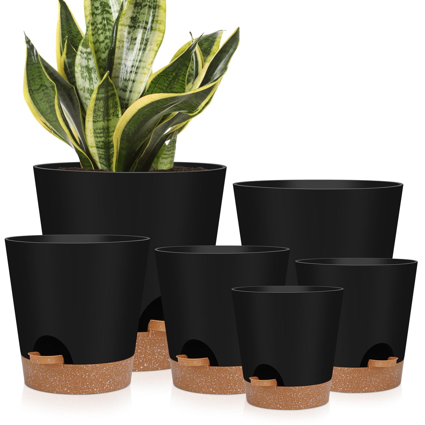 YNNICO Indoor Self Watering Planters with Drainage Holes and Saucers, 8, 7, 6.5, 6, 5.5, 5 Inches, Black, 6 Pots