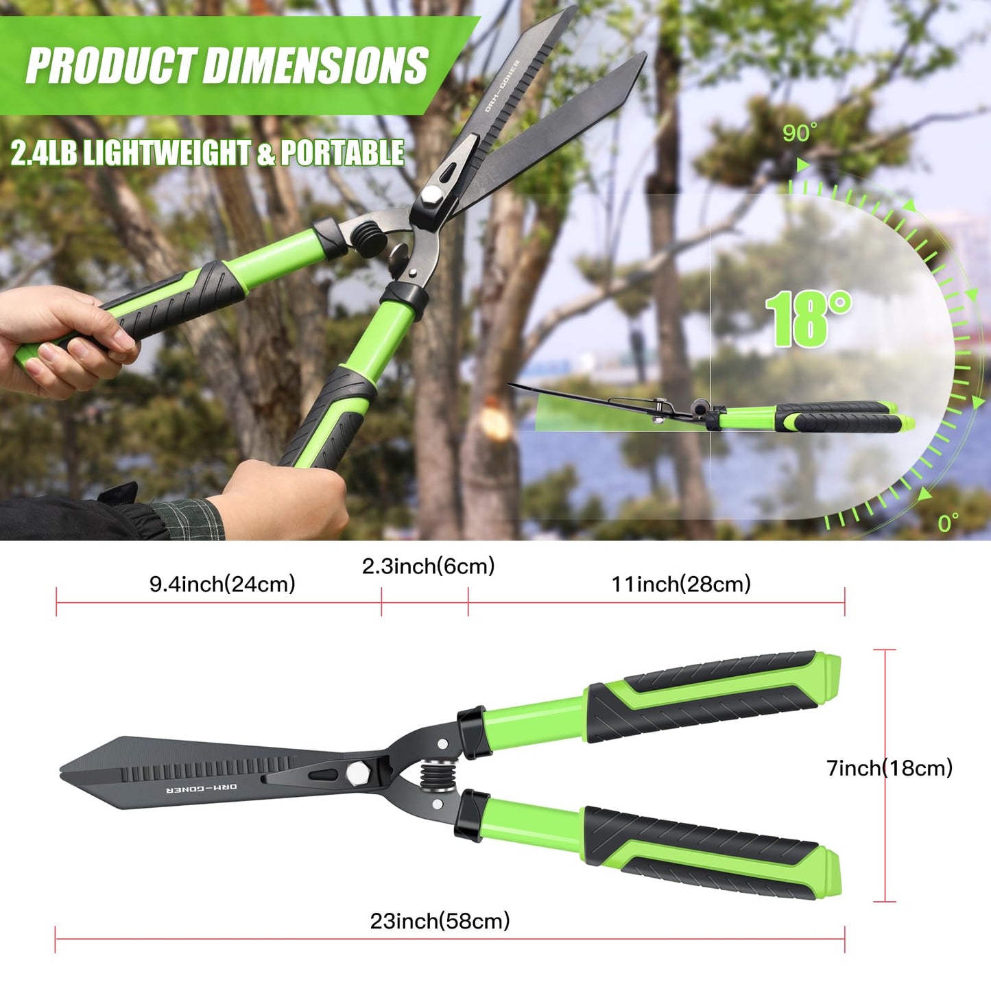 DRM-GDNER Garden Hedge Shears Heavy Duty,23" Manual Hedge Clippers with New Tech Serrated Blade & Dual Shock Absorbing Cushion,Shears Gardening Tools for Pruning Borders&Shrubs,Green/Black