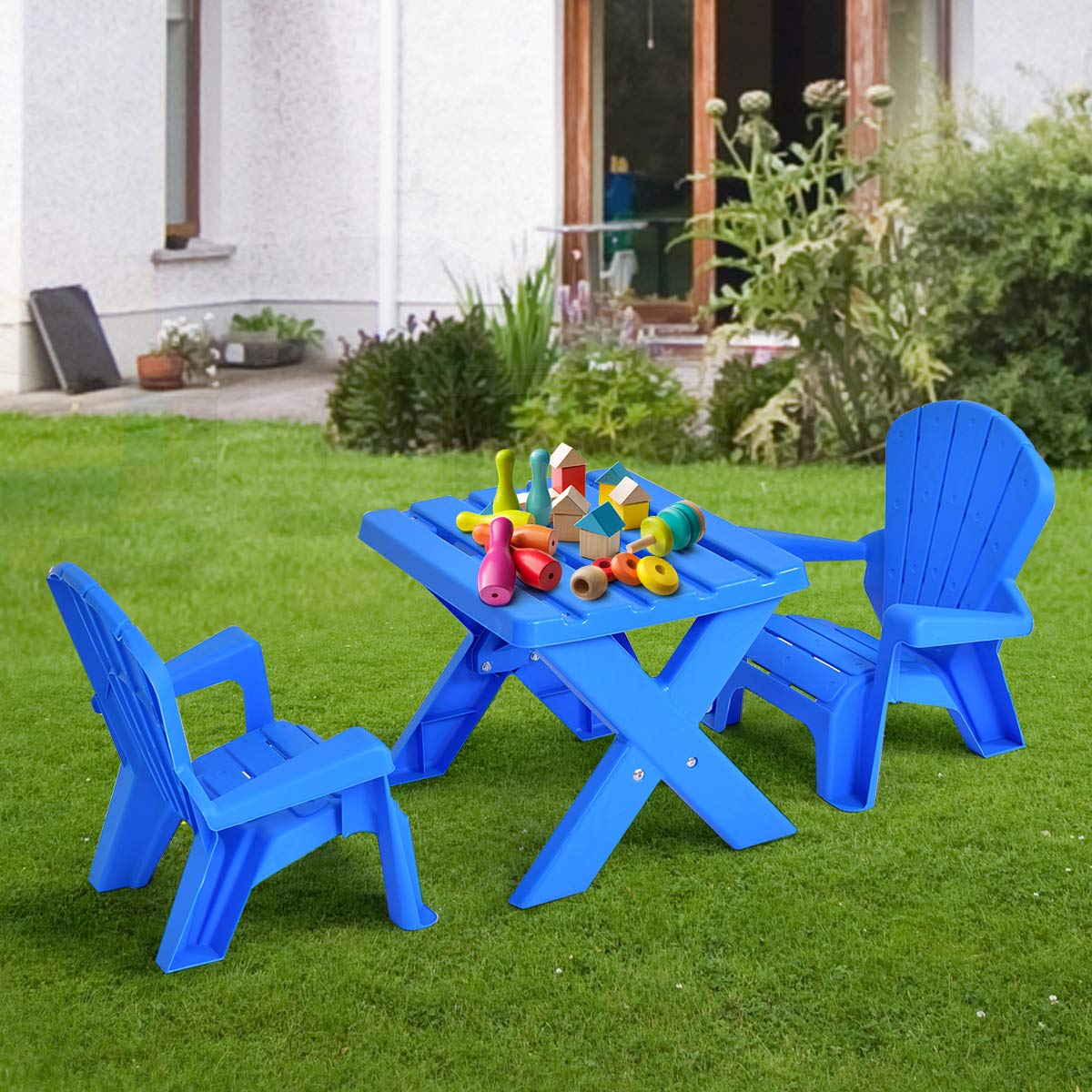 Costzon Kids Table and Chair Set, Outdoor Toddler Activity Table and Adirondack Chairs for Picnic, Garden, Patio, Backyard & Beach, Kids Outdoor Table and Chair Set (Blue)