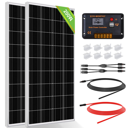 ECO-WORTHY 200 Watts 12 Volt/24 Volt Solar Panel Kit with High Efficiency Monocrystalline Solar Panel and 30A PWM Charge Controller for RV, Camper, Vehicle, Caravan and Other Off Grid Applications