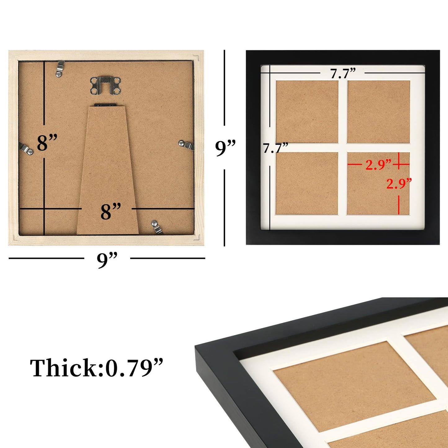 AEVETE 3x3 Picture Frame Collage 4 Opening 8x8 Picture Frames Black 2 Pack for Wall Desk