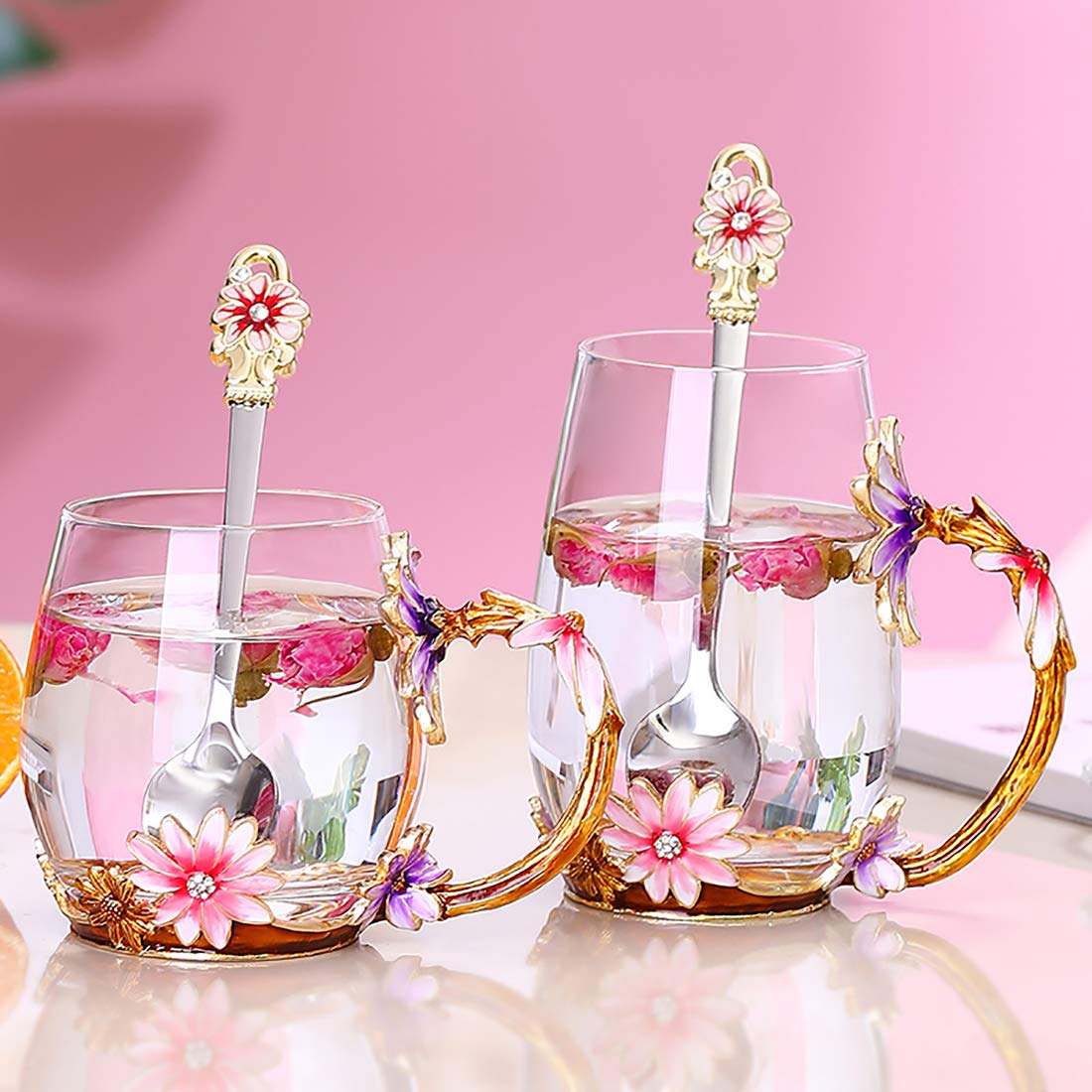 evecase daisy Flower Glass Mugs Tea Cup with Steel Spoon,Tea Lovers Gifts for Women,Wife,Mom,Female,Friends,Birthday,Mothers Day, valentines day,Christmas