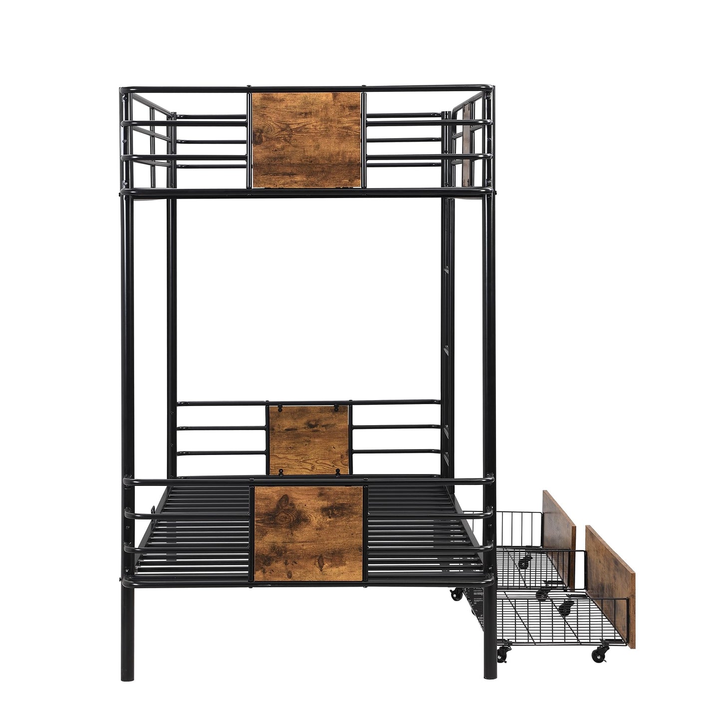 LUKEEHOM Metal Bunk Bed Twin XL Over Twin XL Twin Bunk Beds Twin Size Bed with 2 Storage Drawers and MDF Board Guardrail, No Box Spring Needed, Black