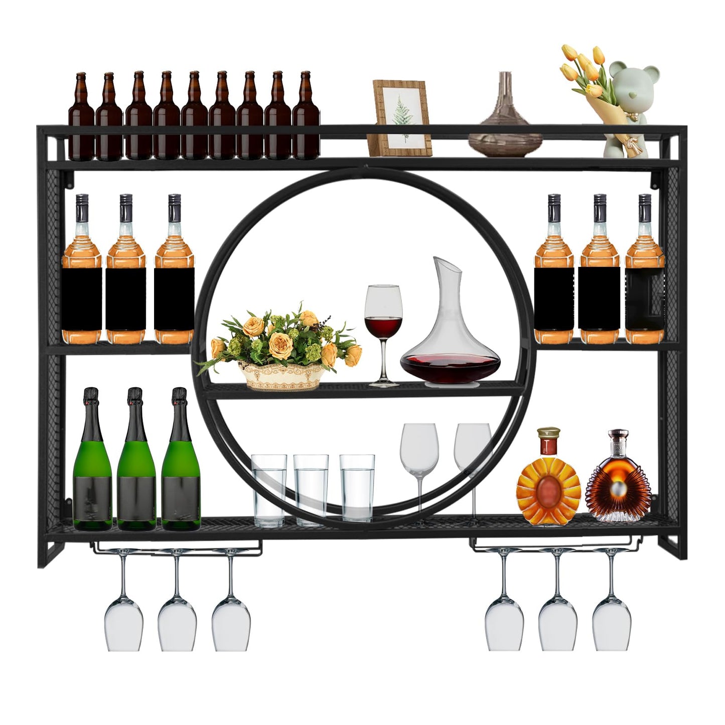 Dernoing Wall Mounted Wine Rack, Large Capacity 3 Tier Wine Glass Display Rack, Iron Round Wine Glass Storage Rack with Cup Holder, for Home Restaurant Bar (Black, 39.4 * 5.9 * 23.5inch)