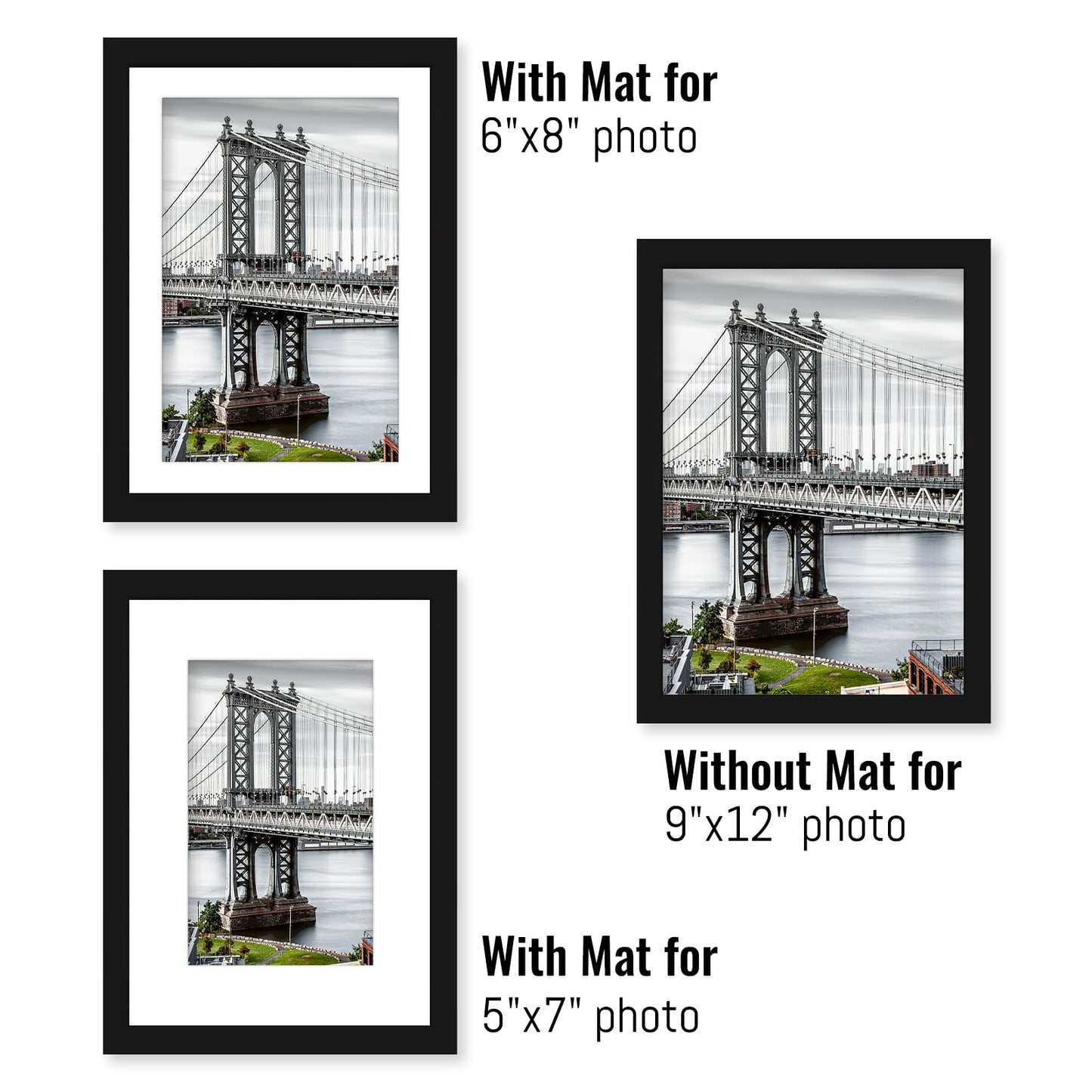 UHFWIFR 9x12 Picture Frames Solid Wood Display Pictures 6x8 or 5x7 with Mat or 9x12 Frame without Mat Poster Photo Frame Art with 2 Mats for Wall Mounting or Table Top(Black)