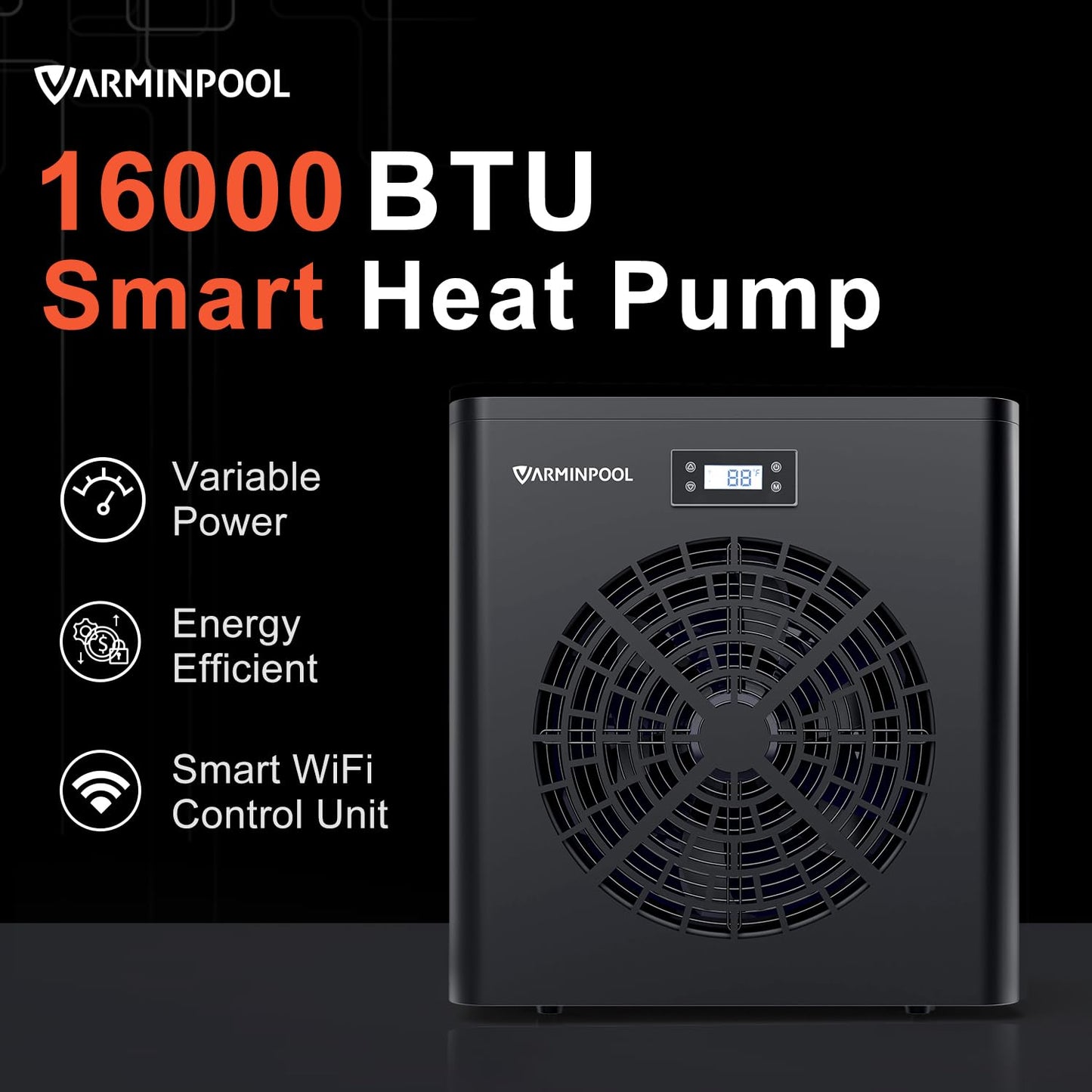 VARMINPOOL 16000BTU Pool Heater for Above Ground Pool Up to 6000 Gallons, WiFi Capable, 110V Pool Heat Pump, Titanium Heat Exchanger, Efficient Inverter, Electric Pool Heaters for Above Ground Pools