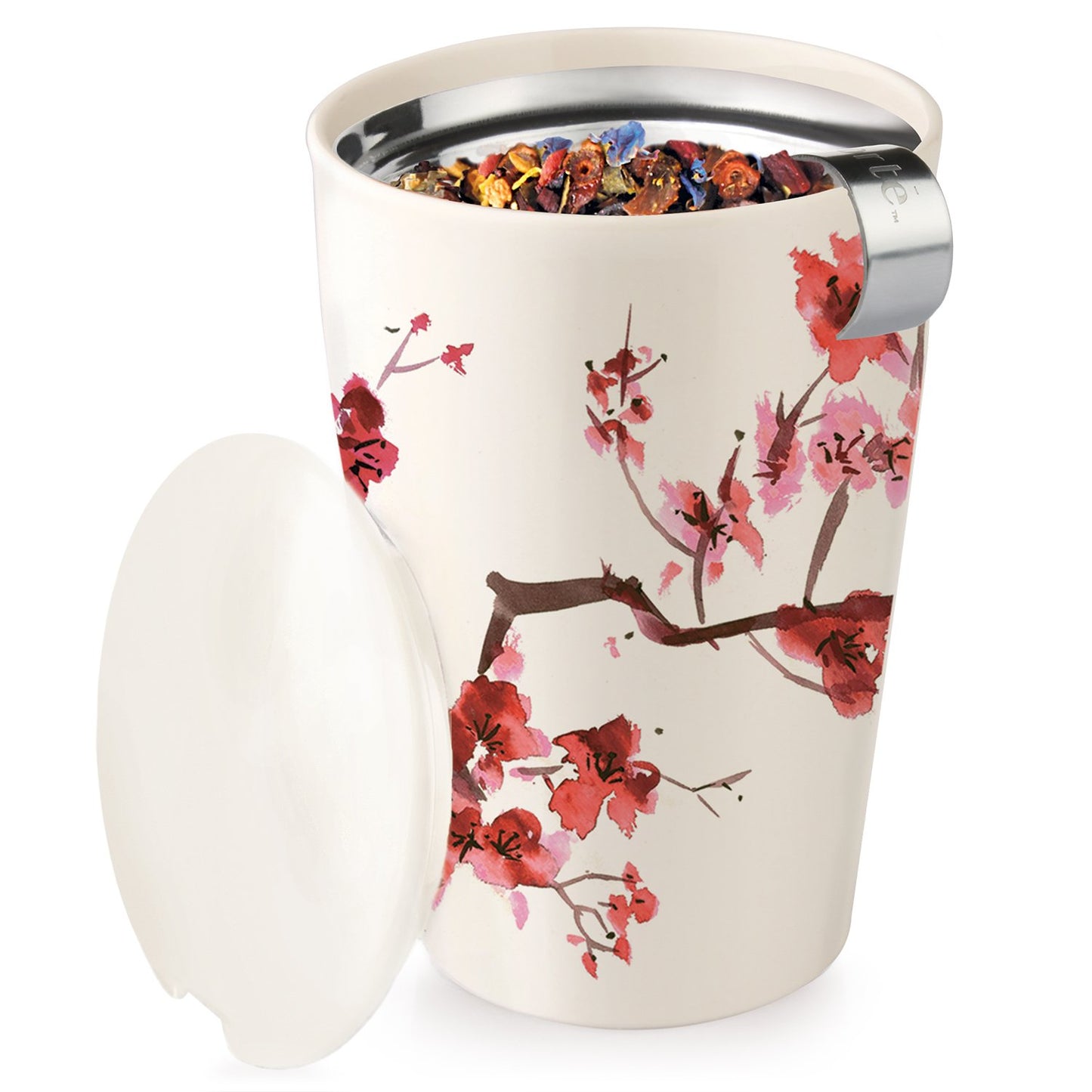 Tea Forte Cherry Blossom Kati Cup Double-Walled Ceramic Tea Cup with Removable Stainless Steel Infuser Basket and Lid, Steeps 12 oz Loose Leaf Tea, Lid and Cup Dishwasher & Microwave Safe