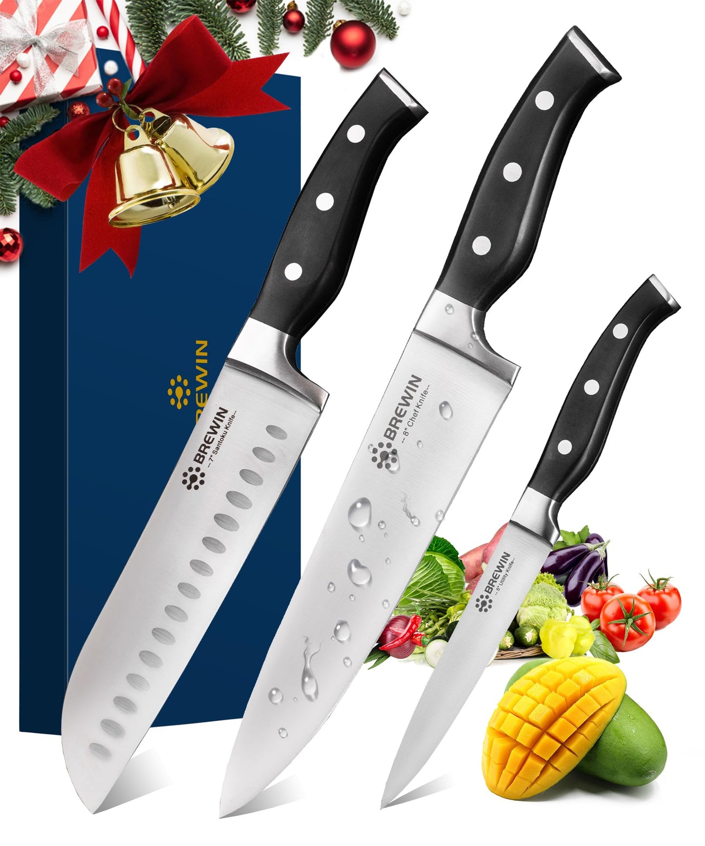 Brewin Professional Kitchen Knives, 3PC Chef Knife Set Sharp Knives for Kitchen High Carbon Stainless Steel, Japanese Cooking Knife with Gift Box