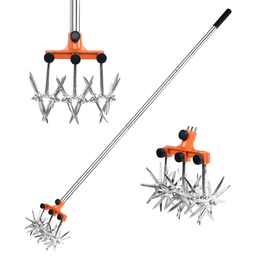 BARAYSTUS Rotary Cultivator Garden Rotary Tiller Adjustable Stainless Steel Poles Hand Tiller for Soil Mixing or Reseeding Grass Lawn Tiller Total Length 57 Inch