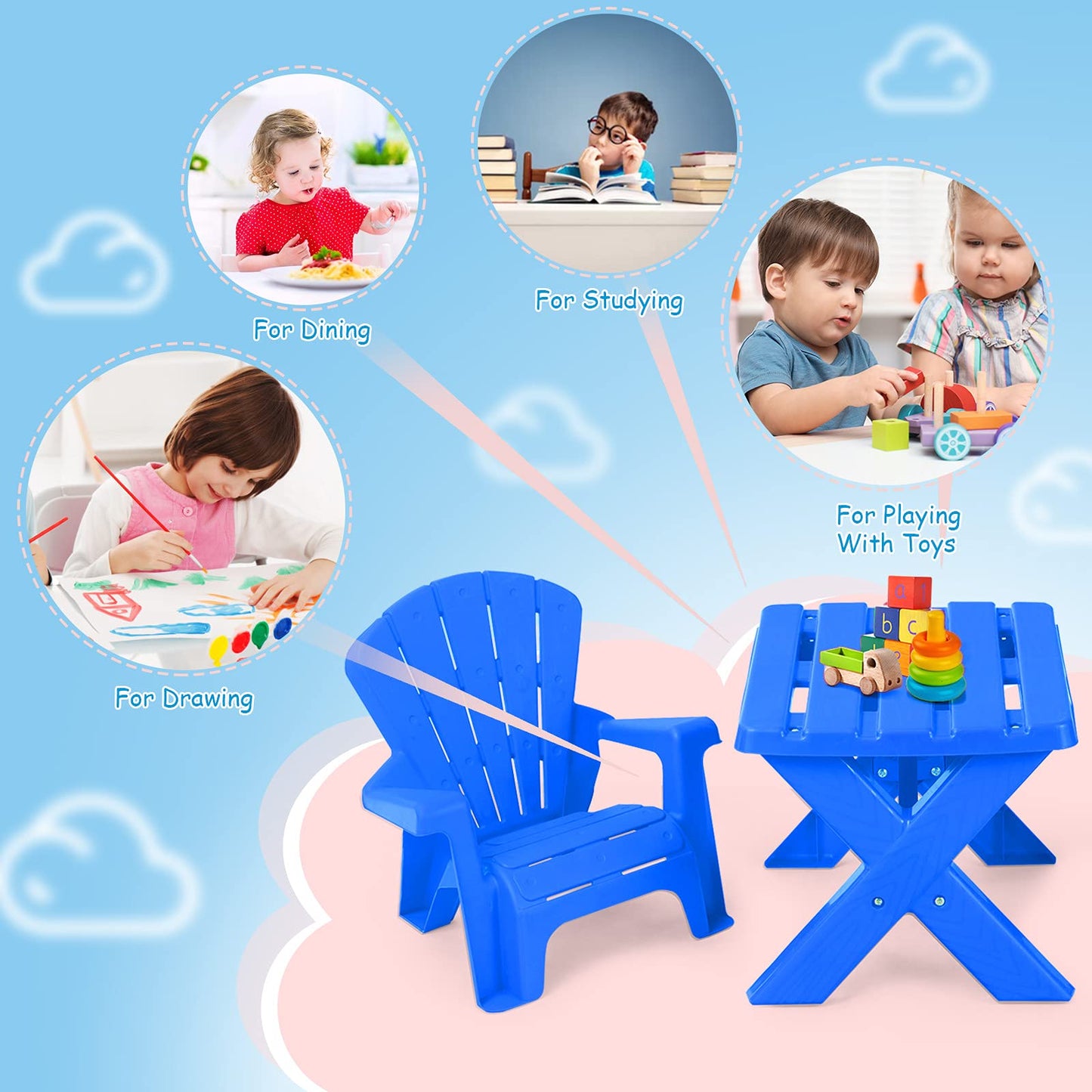 Costzon Kids Table and Chair Set, Outdoor Toddler Activity Table and Adirondack Chairs for Picnic, Garden, Patio, Backyard & Beach, Kids Outdoor Table and Chair Set (Blue)