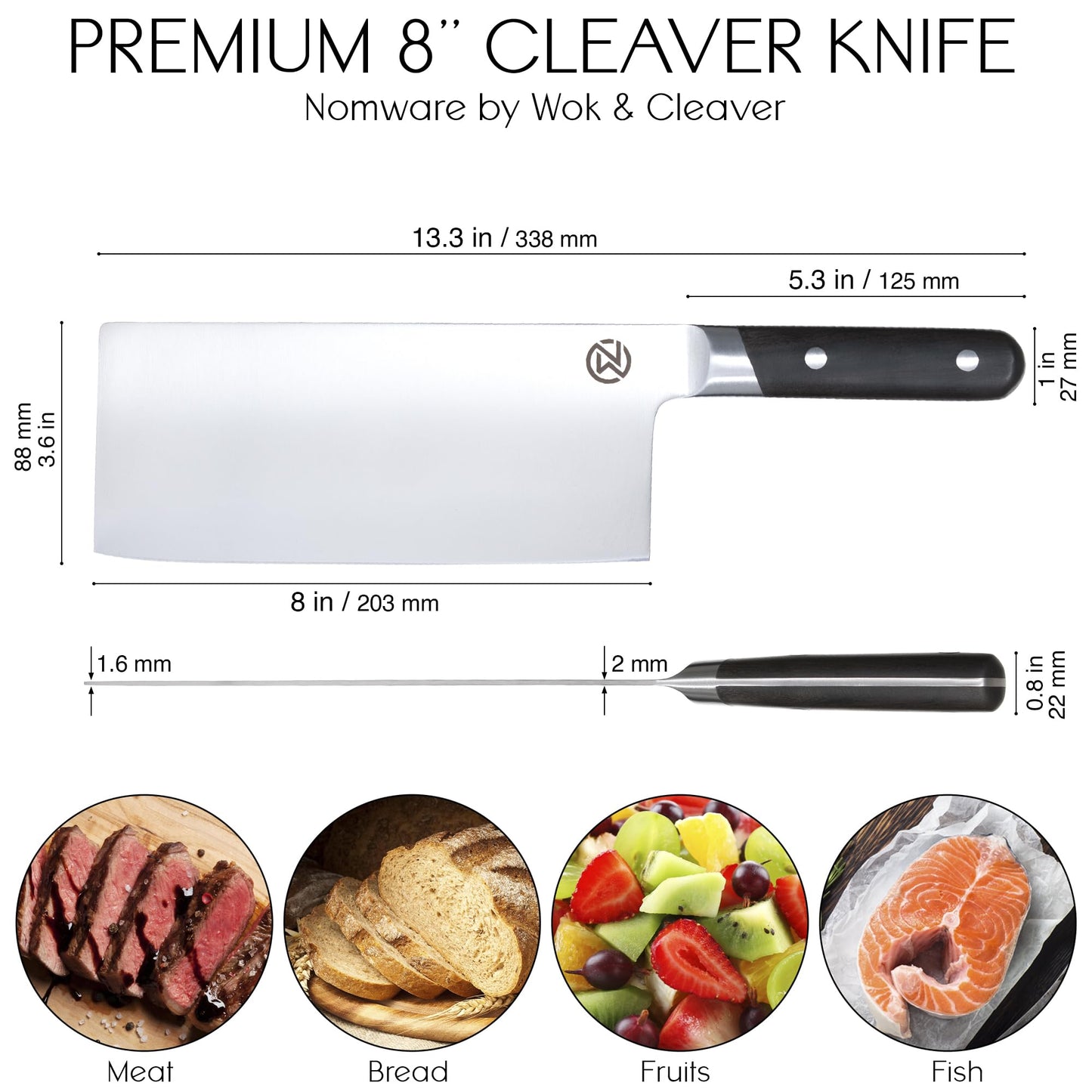 Nomware 8” Vegetable Cleaver, 59 Rockwell Hardness, 9cr Stainless Steel, Chacate Preto Wood Handle