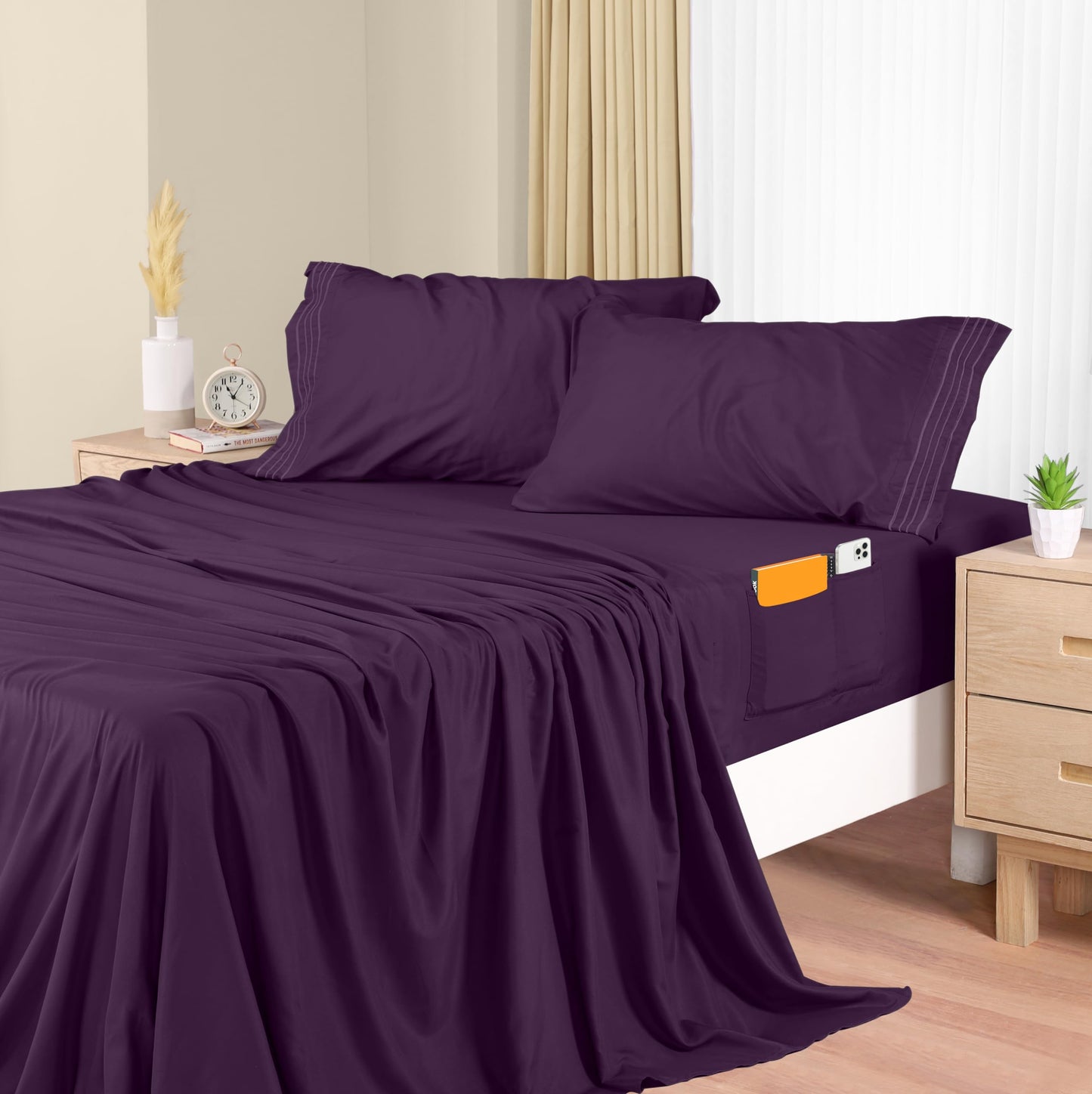 Utopia Bedding King Sheet Set – Soft Microfiber 4 Piece Hotel Luxury Bed Sheets with Deep Pockets - Embroidered Pillow Cases - Side Storage Pocket Fitted Sheet - Flat Sheet (Purple)