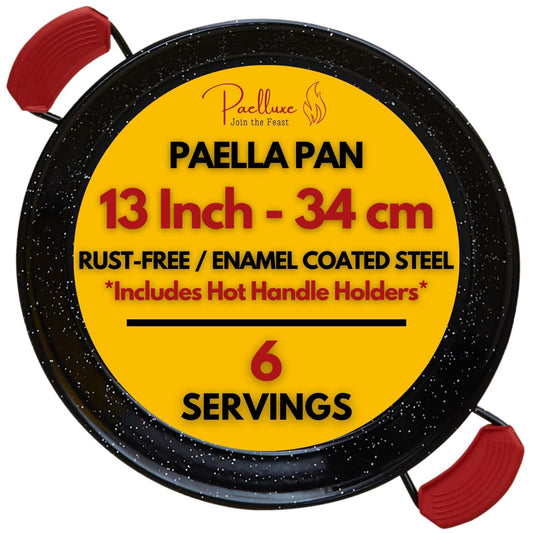 13 Inch Paella Pan 5 Servings - Enamelled No Rust Easy to Clean Steel Pan Propane - Gas Burners for Cooking - Indoor & Outdoor Cooking Skillet - Cacerola Paellera Sarten