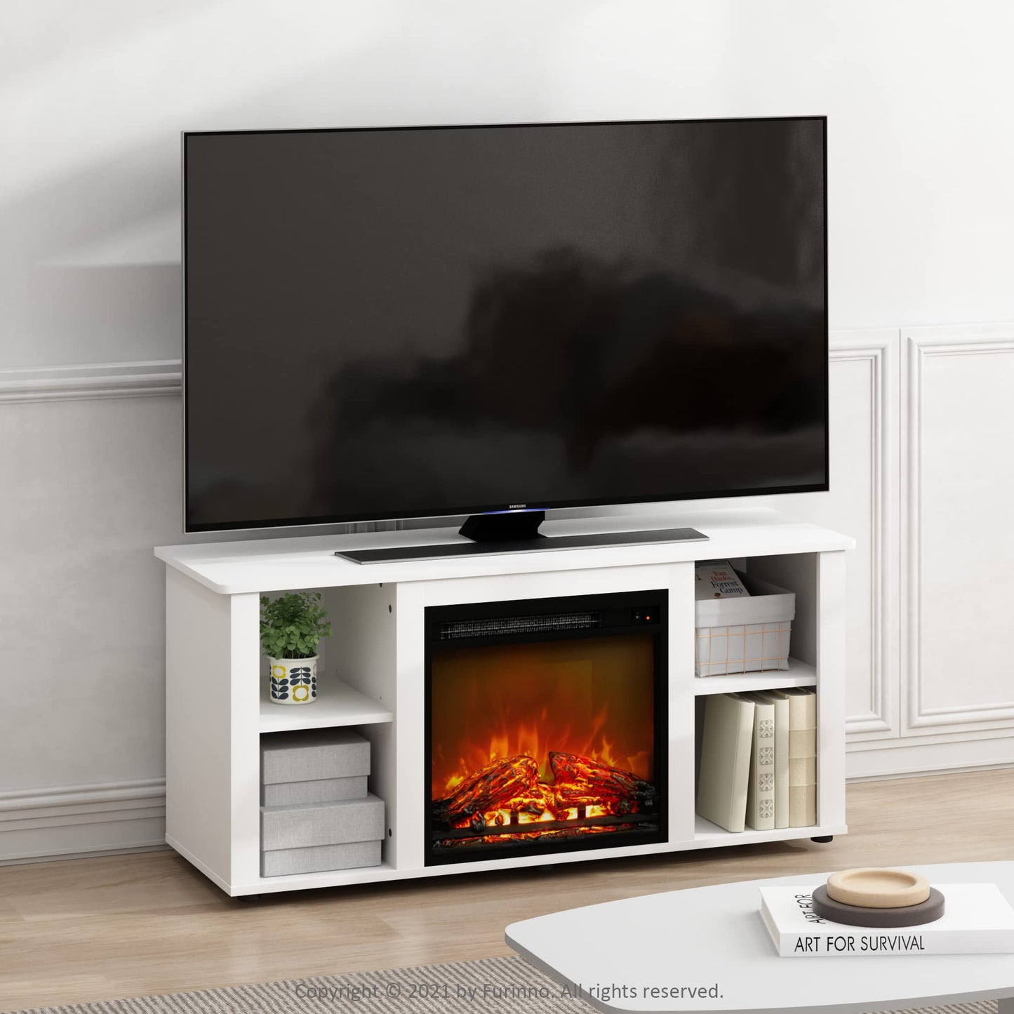 Furinno Jensen Entertainment Center Stand with Fireplace for TV up to 55 Inch, Corded Electric, White