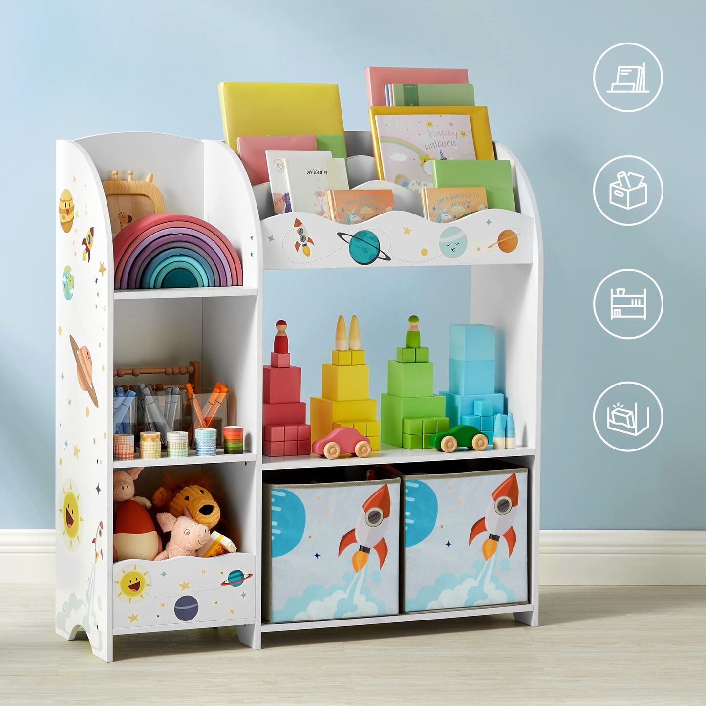 SONGMICS Toy and Book Organizer for Kids, Storage Unit with 2 Storage Boxes, for Playroom, Children’s Room, Living Room, White UGKR42WT, 93 x 30 x 100 centimeters