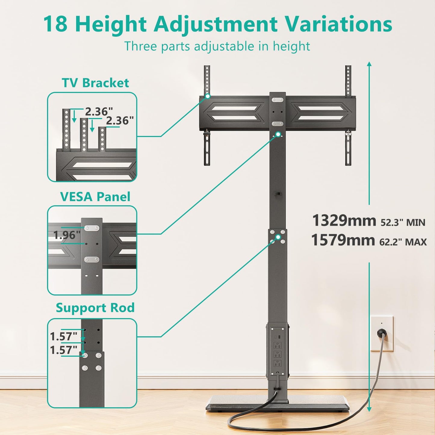 WALI Floor TV Stand with Power Outlet, Tall TV Stand Floor Mount for 32-75 inch TV up to 110 lbs, Swivel and Height Adjustable TV Stand with Wood Base for Bedroom, Living Room,Office(TVDVD-7P)