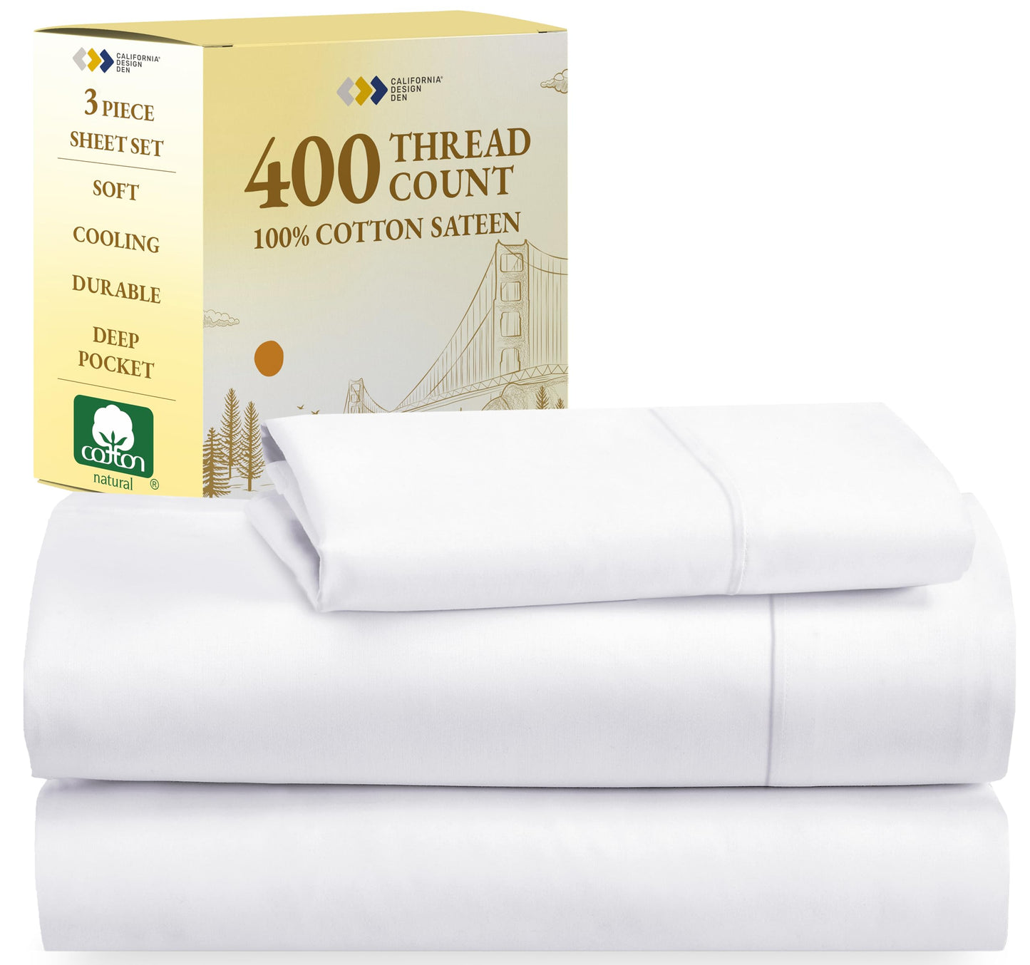 California Design Den Twin XL Sheets Set, Natural 100% Cotton Sheets, Soft Luxury 400 Thread Count Sateen, 3 Pc Dorm Rooms & Adults, Cooling Sheets (Bright White Sheets)