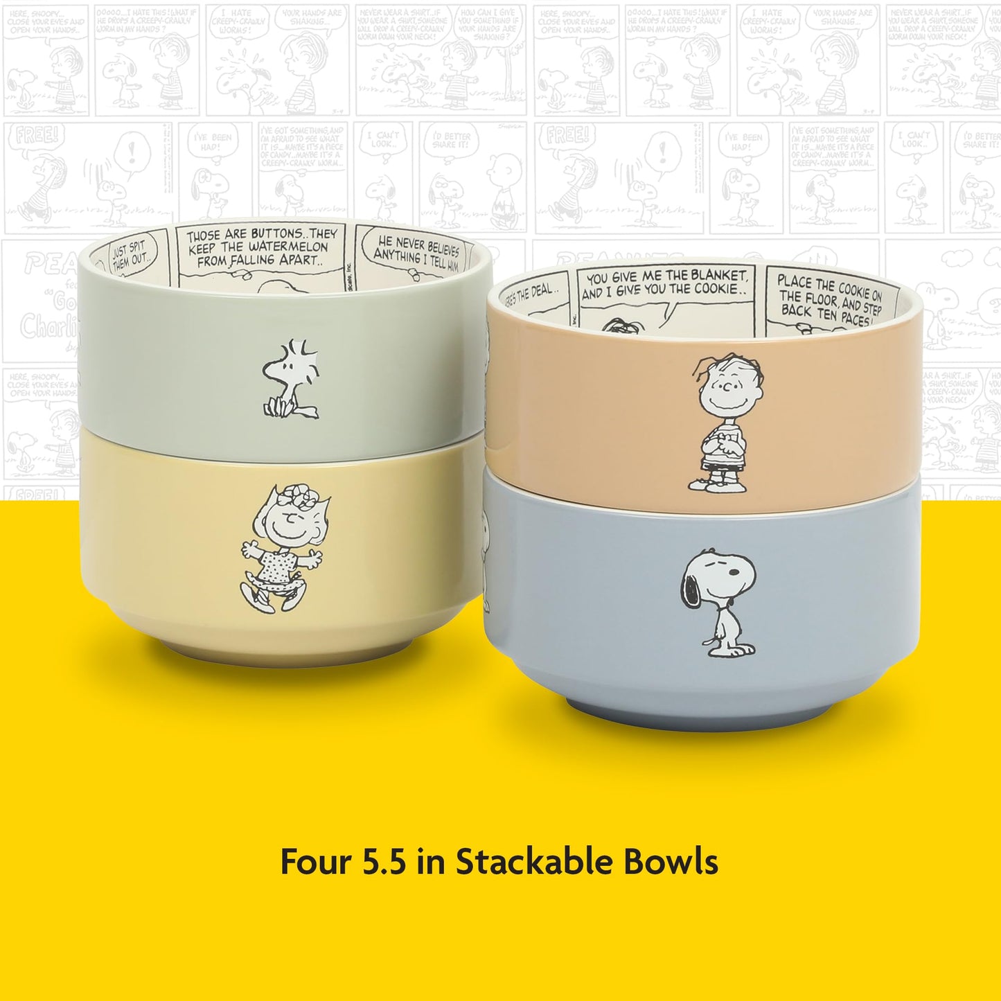 Peanuts Snoopy Bonbon Bites 4 Piece 5.5" Decorated Stoneware Ceramic Stackable Bowl Set