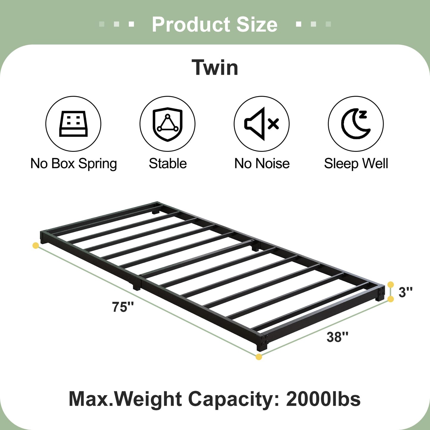 Fly-CTsoar 3 Inch Low Twin Bed Frames Heavy Duty Metal Platform, No Box Spring Needed, Easy Assembly Mattress Foundation, No Noise, Black